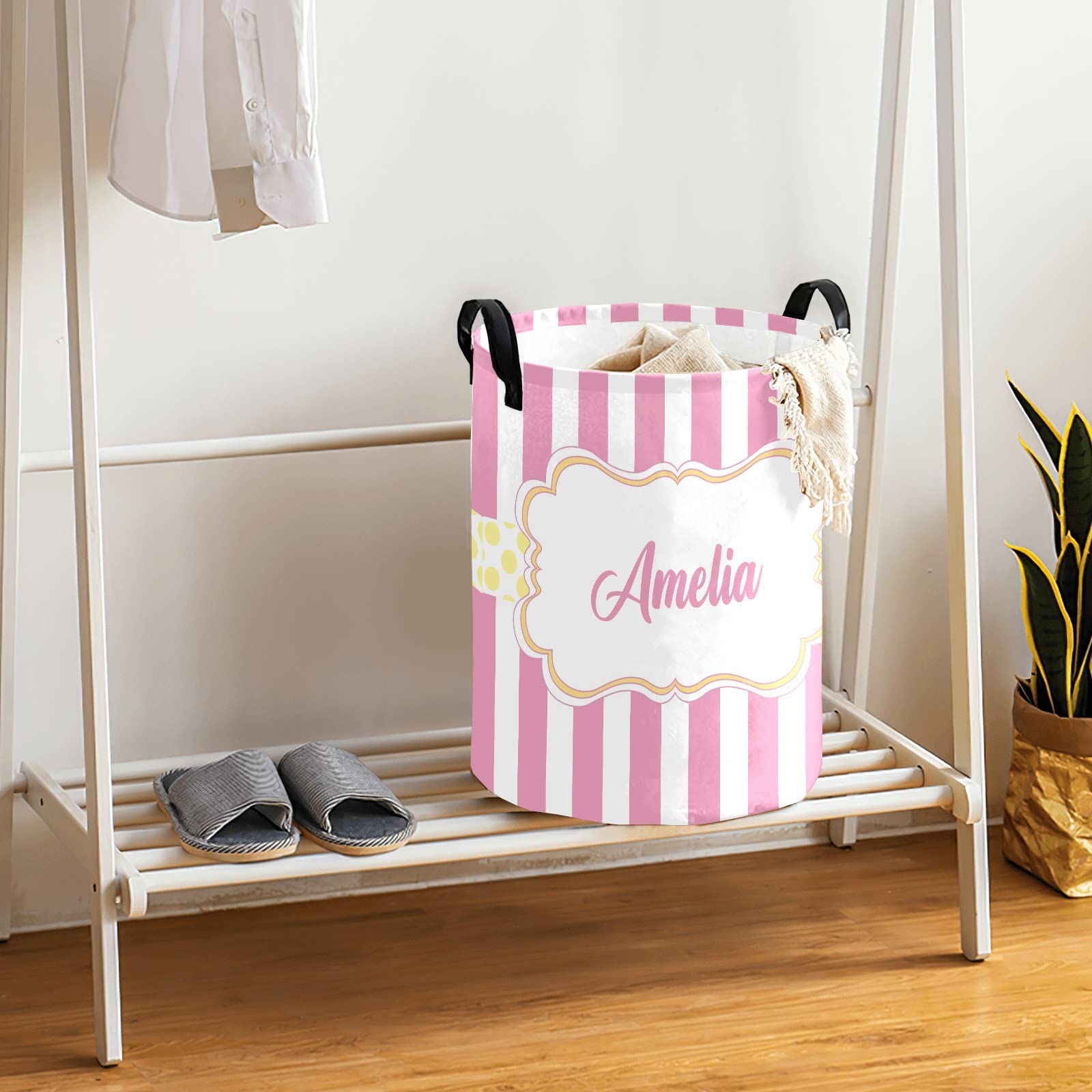Waterproof Collapsible Striped Pink Laundry Basket with Handles - Personalized Clothes Hamper for Bathroom & Bedroom Storage (19.7