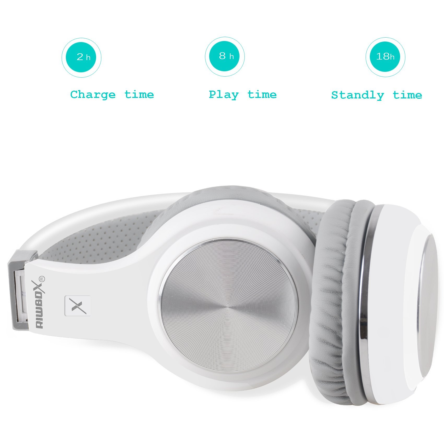 Riwbox XBT-80 Wireless Bluetooth Headphones Over Ear with Microphone, Foldable Stereo Headset with Volume Control for PC/Phone/TV/iPad - Silver White | Perfect for Workouts, Gaming & Travel