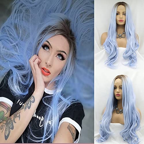 RainaHair 24 Inch Black Roots to Light Blue Lace Front Wig - Long Natural Wave Synthetic Wigs for Women | Heat Resistant & Glueless | Perfect for Drag Queen Parties, Cosplay & Costume Events