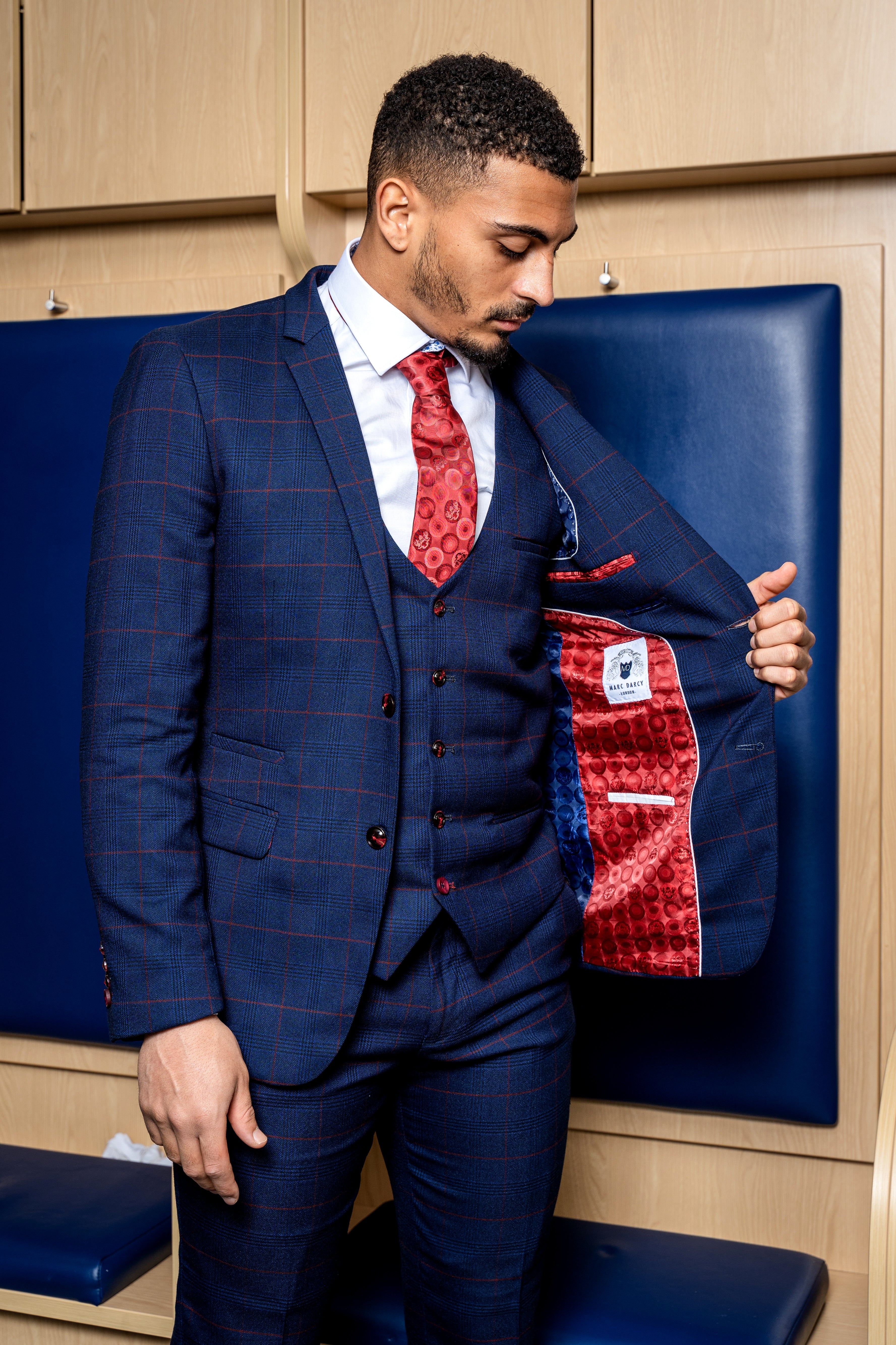Edinson Navy Wine Check Suit for Men - Premium Wool Blend Business Suit - Formal Office Attire - Inspired by Karlan Grant - Perfect for Weddings, Business Meetings & Special Occasions