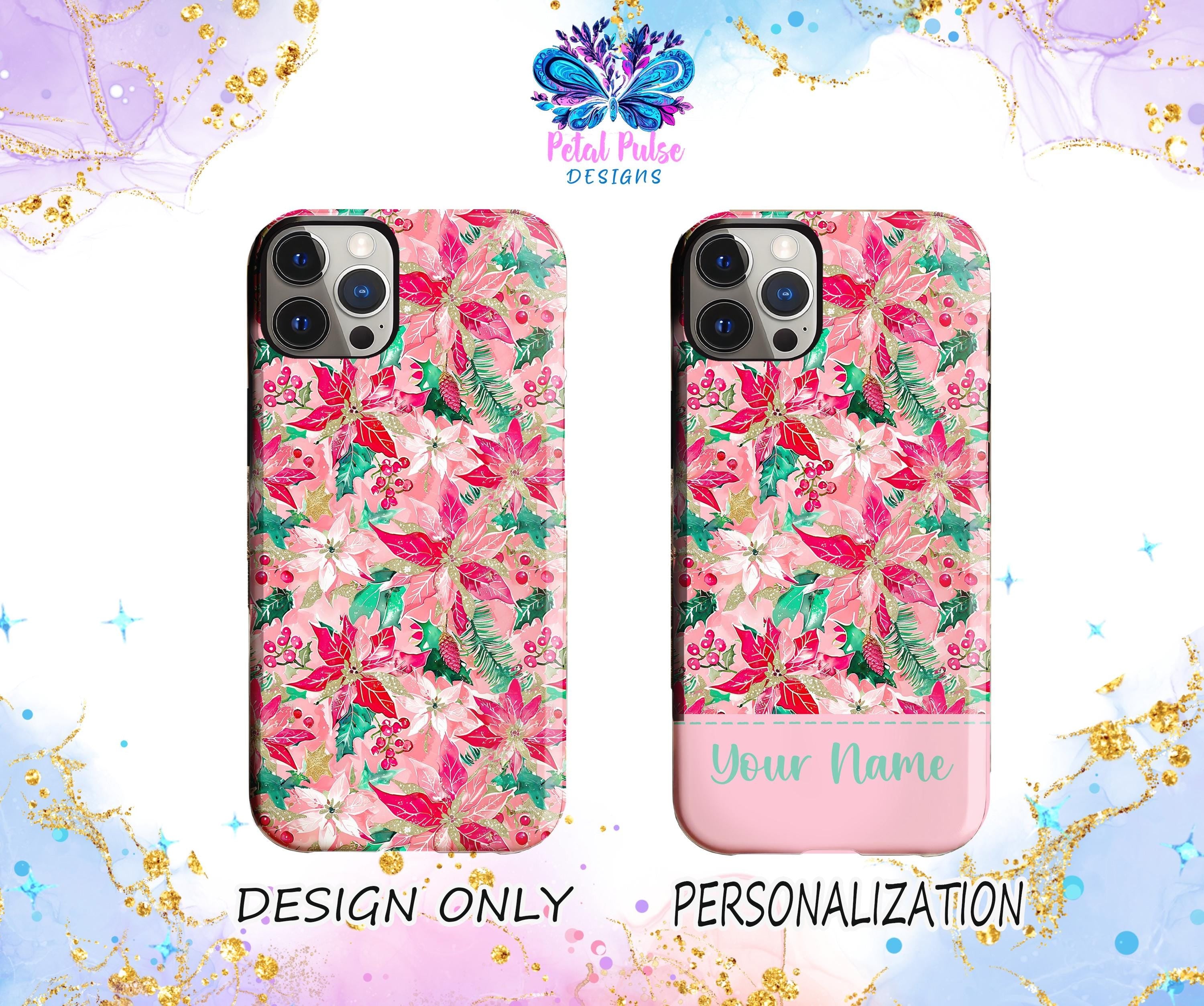 Personalized Pink Christmas Poinsettia Phone Case - Custom Name Floral Design for iPhone & Samsung - Durable Protective Cover - Perfect Holiday Gift for Women & Teens (Christmas, Party, Daily Use)