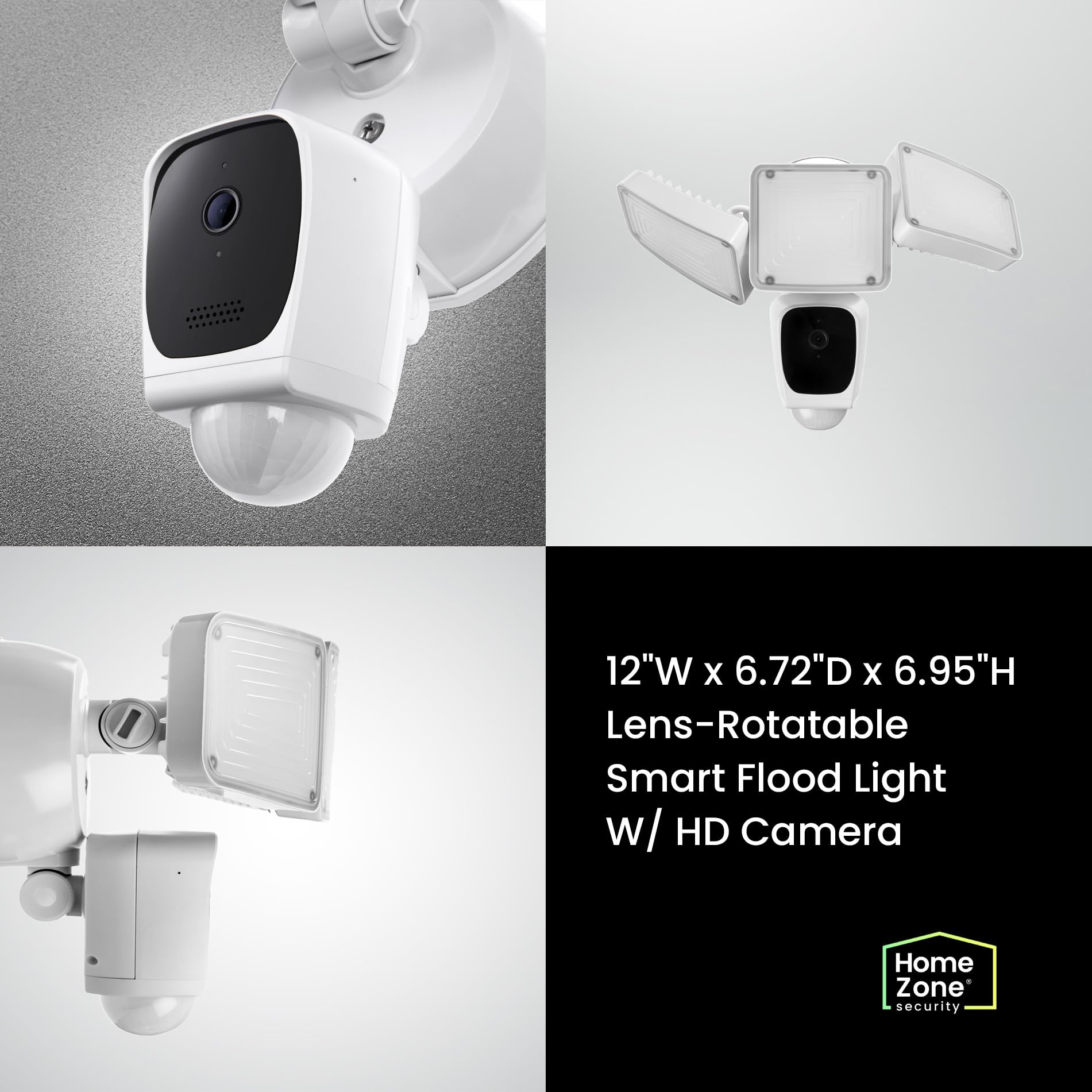 Home Zone Security Triple Head Floodlight Camera - Smart 2.4GHz 1080P Outdoor Hardwired 3500 Lumen LED Security Light with Motion Detection & 128GB Local Storage (White) - Ideal for Backyard, Garage & Driveway Surveillance