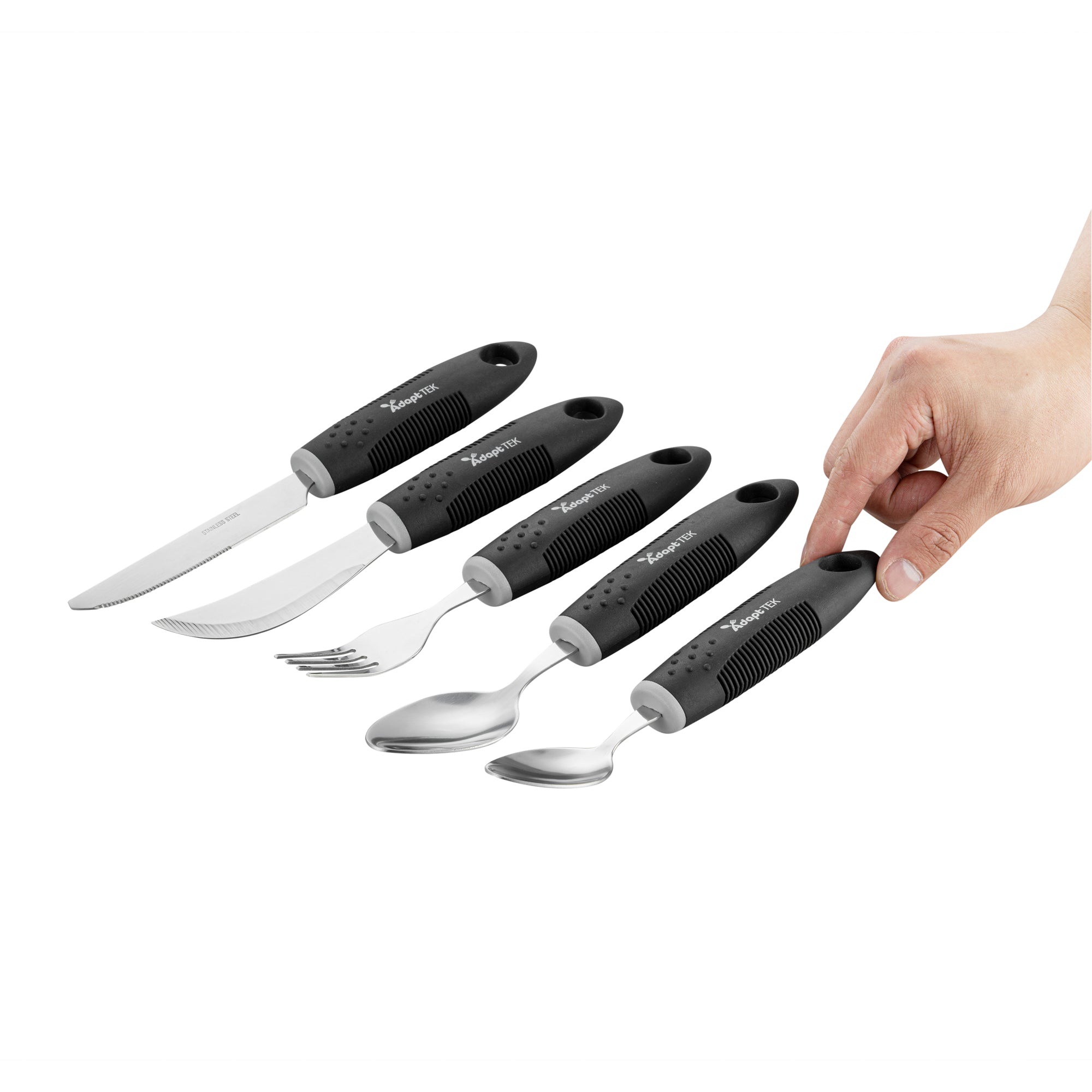 Adapt Tek Black Stainless Steel 5-Piece Adaptive Utensil Set - Lightweight, Non-Slip Grip, Ergonomic Design for Easy Eating - Perfect for Seniors, Arthritis & Hand Mobility Challenges (1 Count Box)