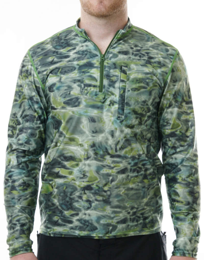 Men's 1/4 Zip Long Sleeve Camouflage Fishing Shirt with UPF Protection - Aqua Camo Design for Outdoor Activities, Hiking & Fishing Gear