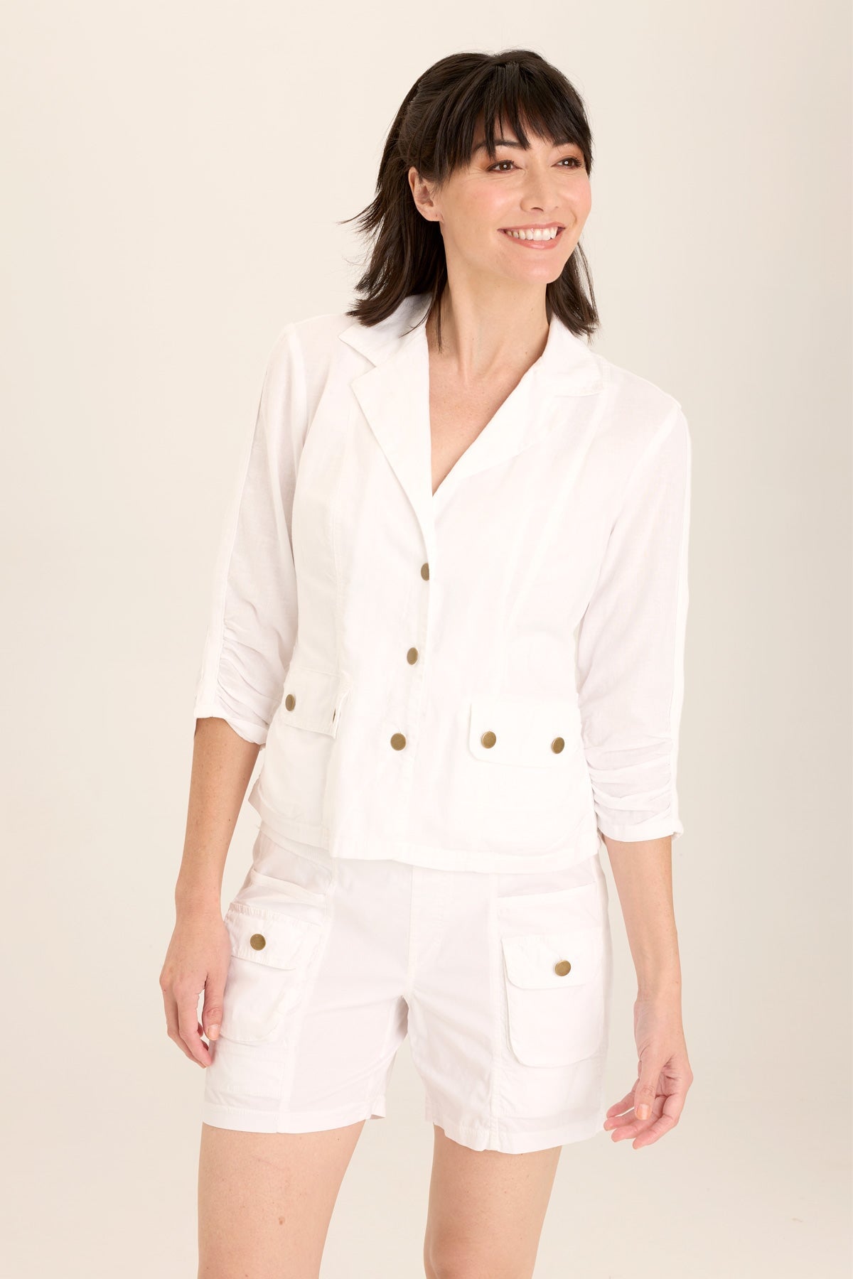 Stylish Linen Stretch Blazer with 4 Pockets & Shirred Details - Perfect for Office Wear, Business Casual & Spring Outfits