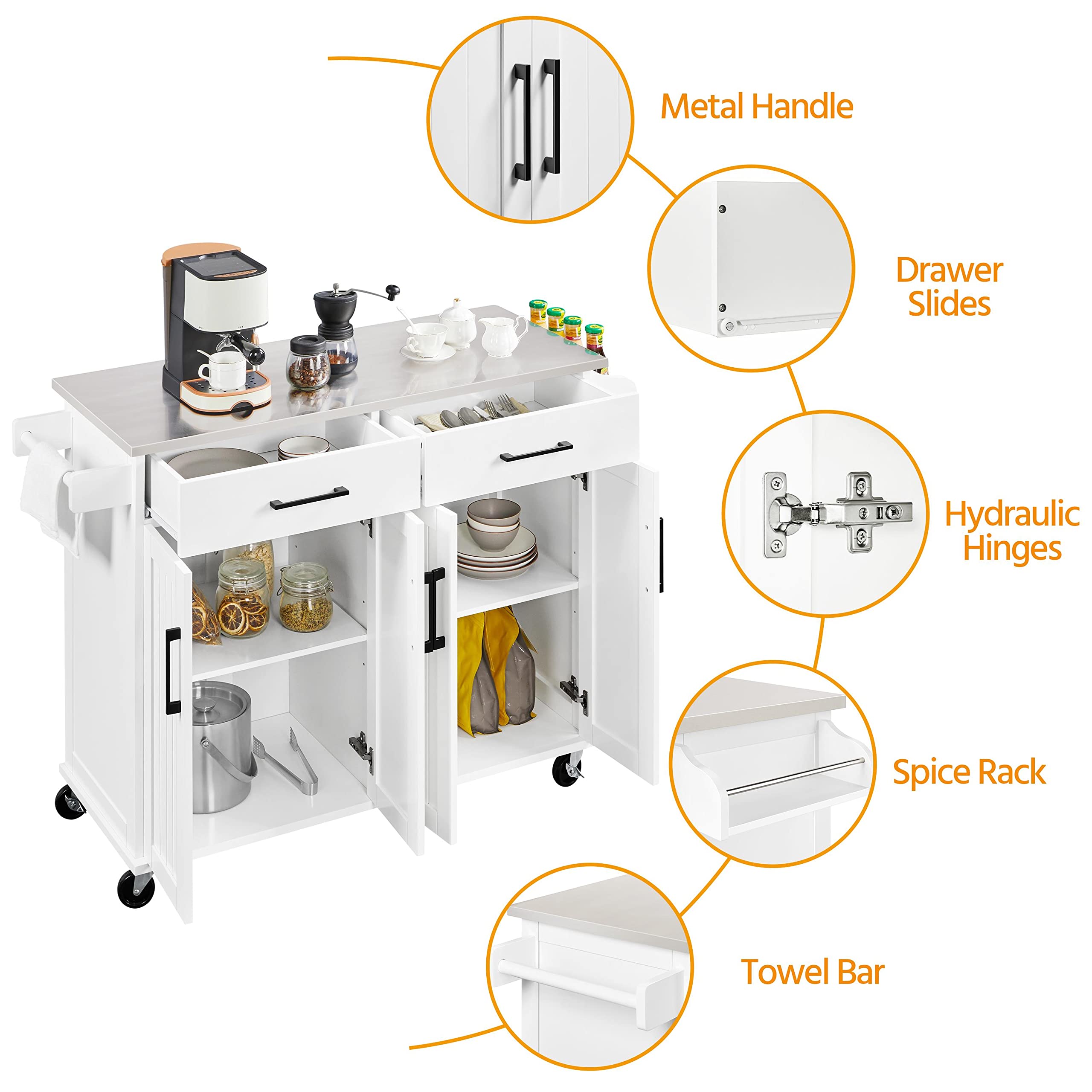 Yaheetech White Kitchen Island Cart with Stainless Steel Countertop, Portable Rolling Cabinet with Adjustable Shelves & 2 Drawers, Perfect for Small Kitchens, Dining Rooms, and Home Office Storage