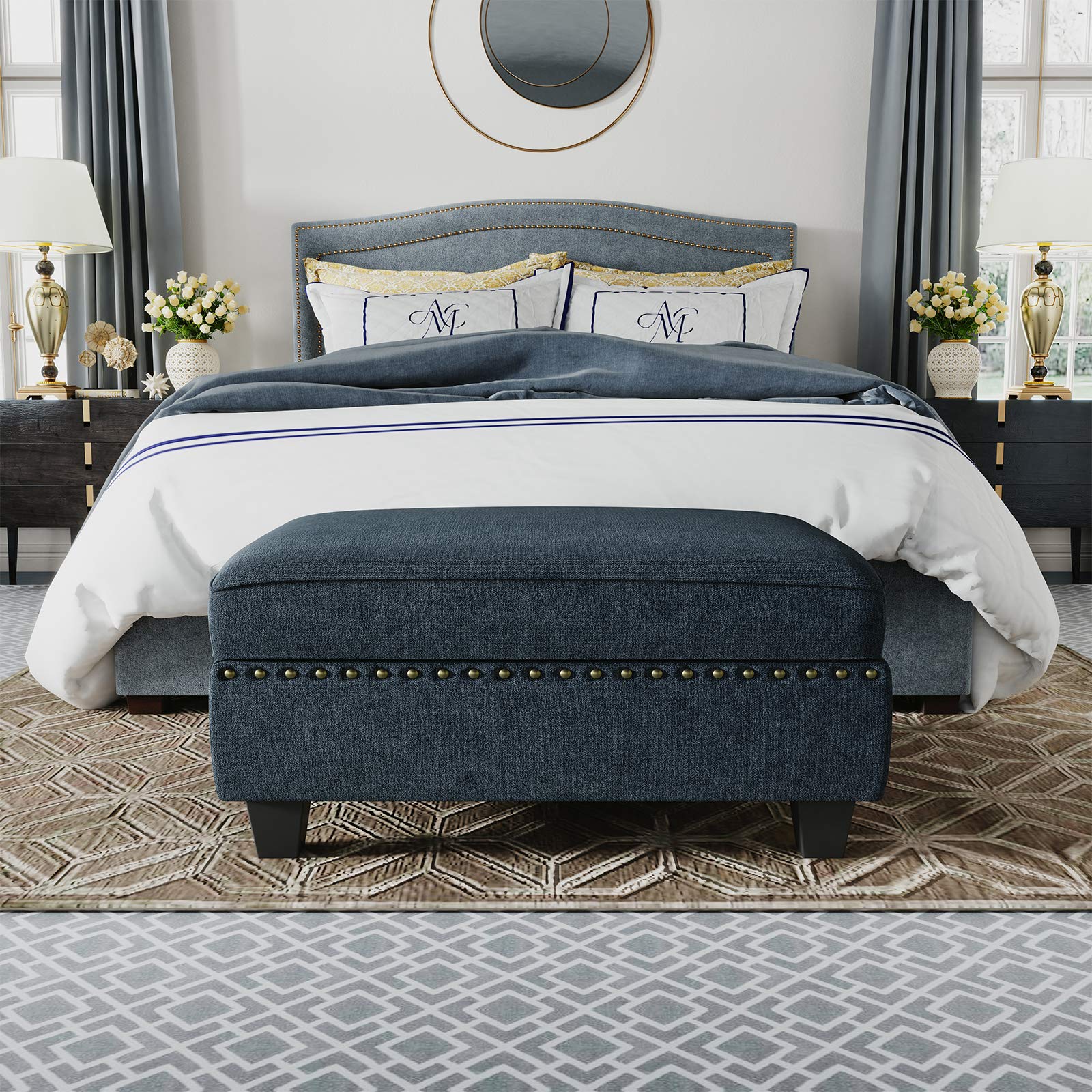 HONBAY Upholstered Storage Ottoman Bench with Hydraulic Lift - Rectangle Living Room Storage Seat in Bluish Grey | Perfect for Entryway, Bedroom & Small Space Organization