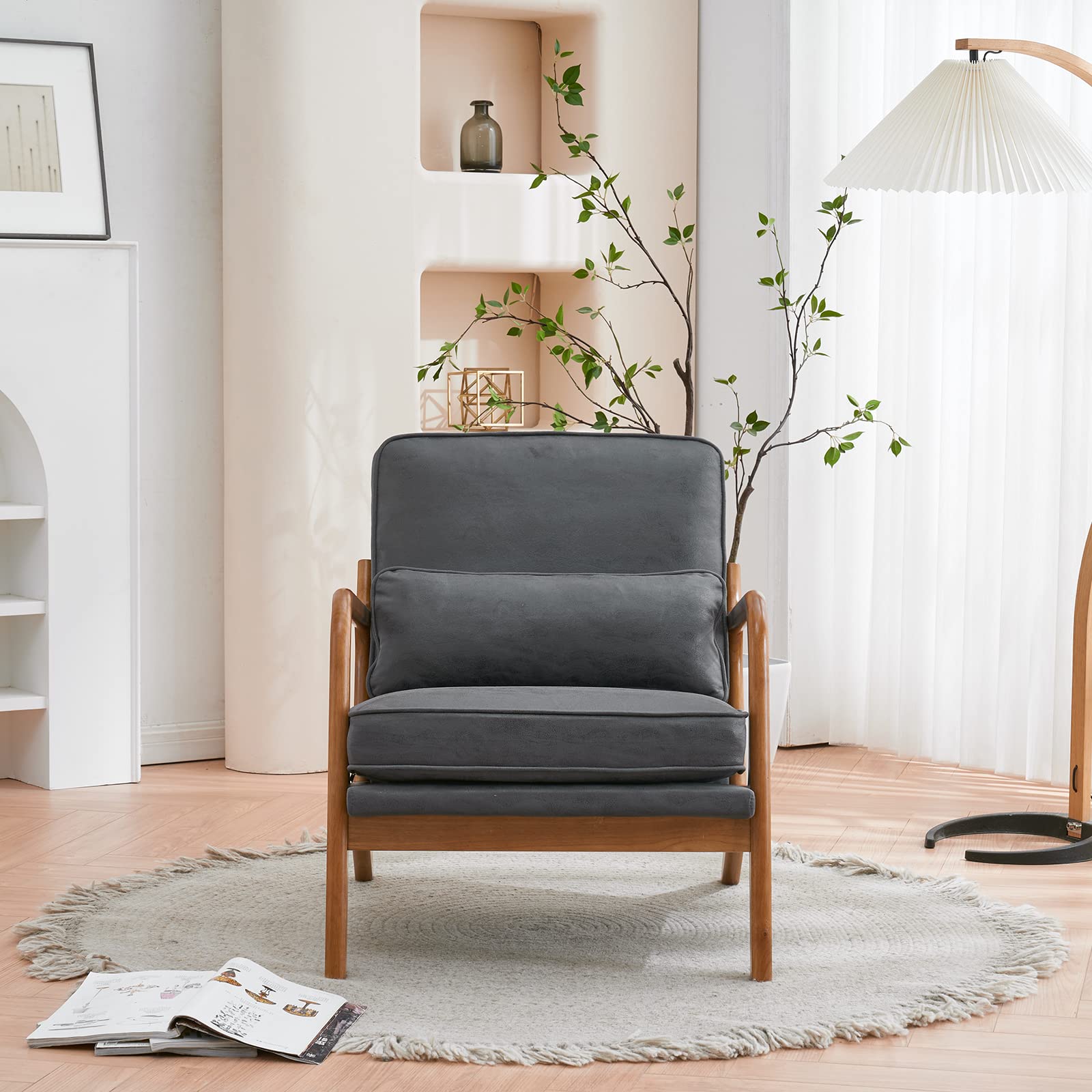 Mid Century Modern Accent Chair - Solid Oak Wood Frame with Upholstered Seat - Single Lounge Chair for Living Room, Bedroom, Office - Dark Grey - Perfect for Reading Nook, Cozy Corner & Home Decor