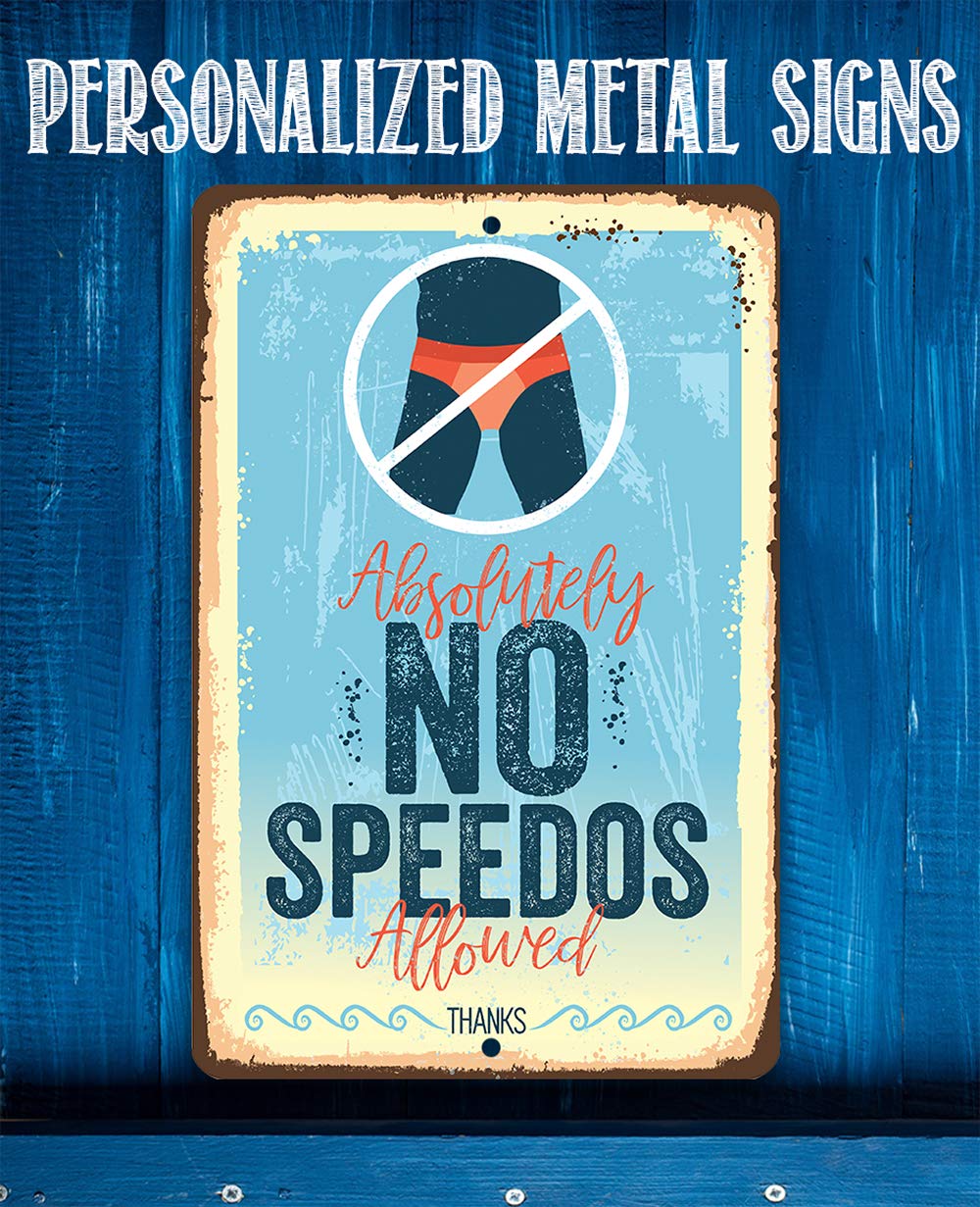 Funny No Speedos Allowed Pool Sign - 12x18 Inch Durable Metal Swimming Pool Rules Sign for Outdoor & Indoor Decoration, Above Ground Pool Accessories - Perfect for Backyard, Beach Clubs & Pool Parties