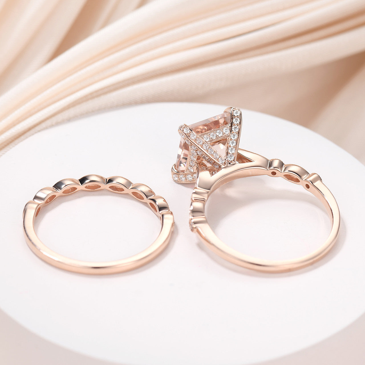14K Rose Gold Princess Cut Morganite Hidden Diamond Halo Wedding Ring Set - Elegant Bridal Jewelry for Engagement, Proposal & Anniversary Gifts