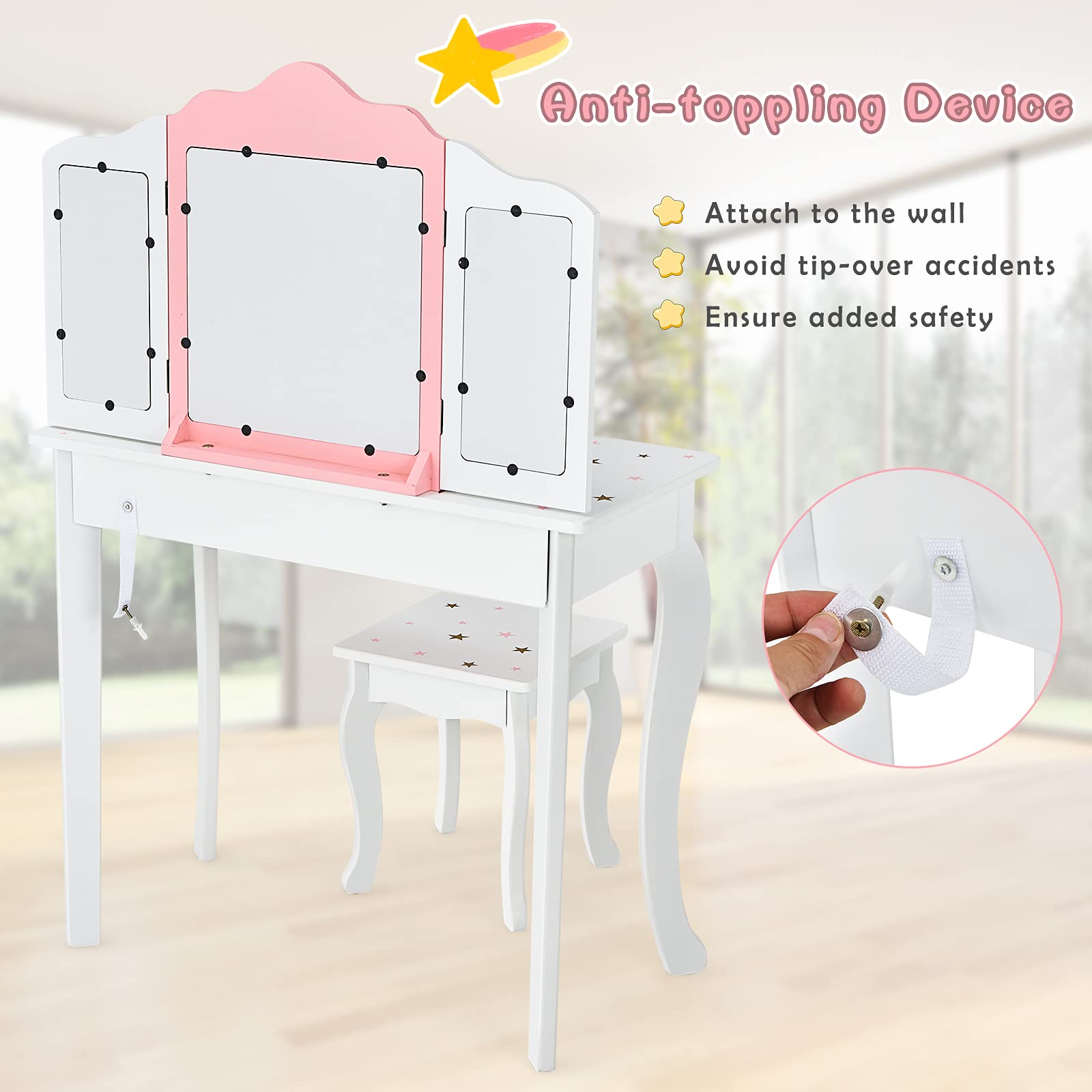 Costzon Kids Vanity Set with Mirror & Stool - Princess Makeup Table for Girls Pretend Play, White