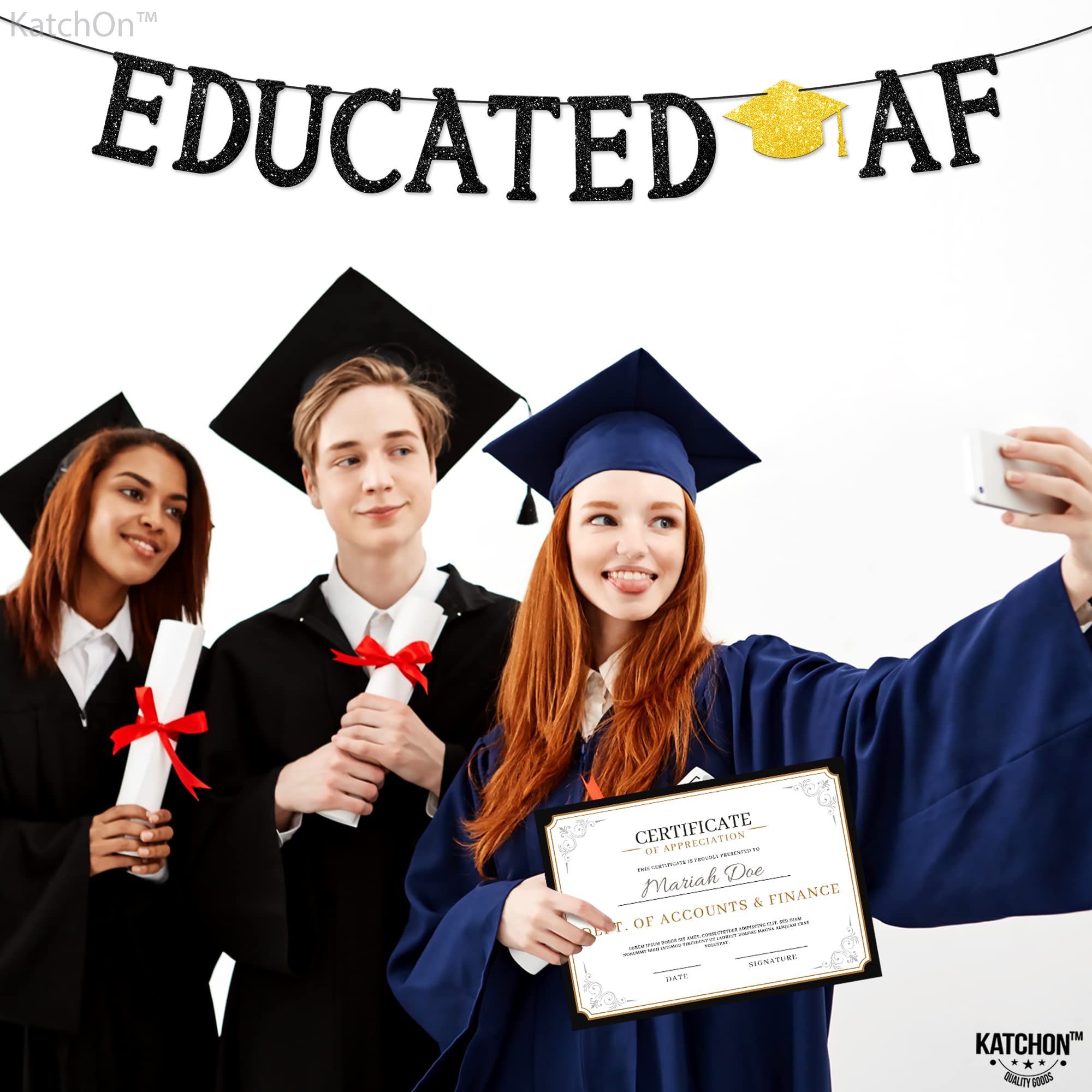 KatchOn Glitter Black 'Educated AF' Graduation Banner - 10ft Ready-to-Hang | Class of 2025 Graduation Party Decor | Funny Graduation Sign for High School & College Celebrations | Perfect for Graduation Photos, Wall Decor & Party Backdrops