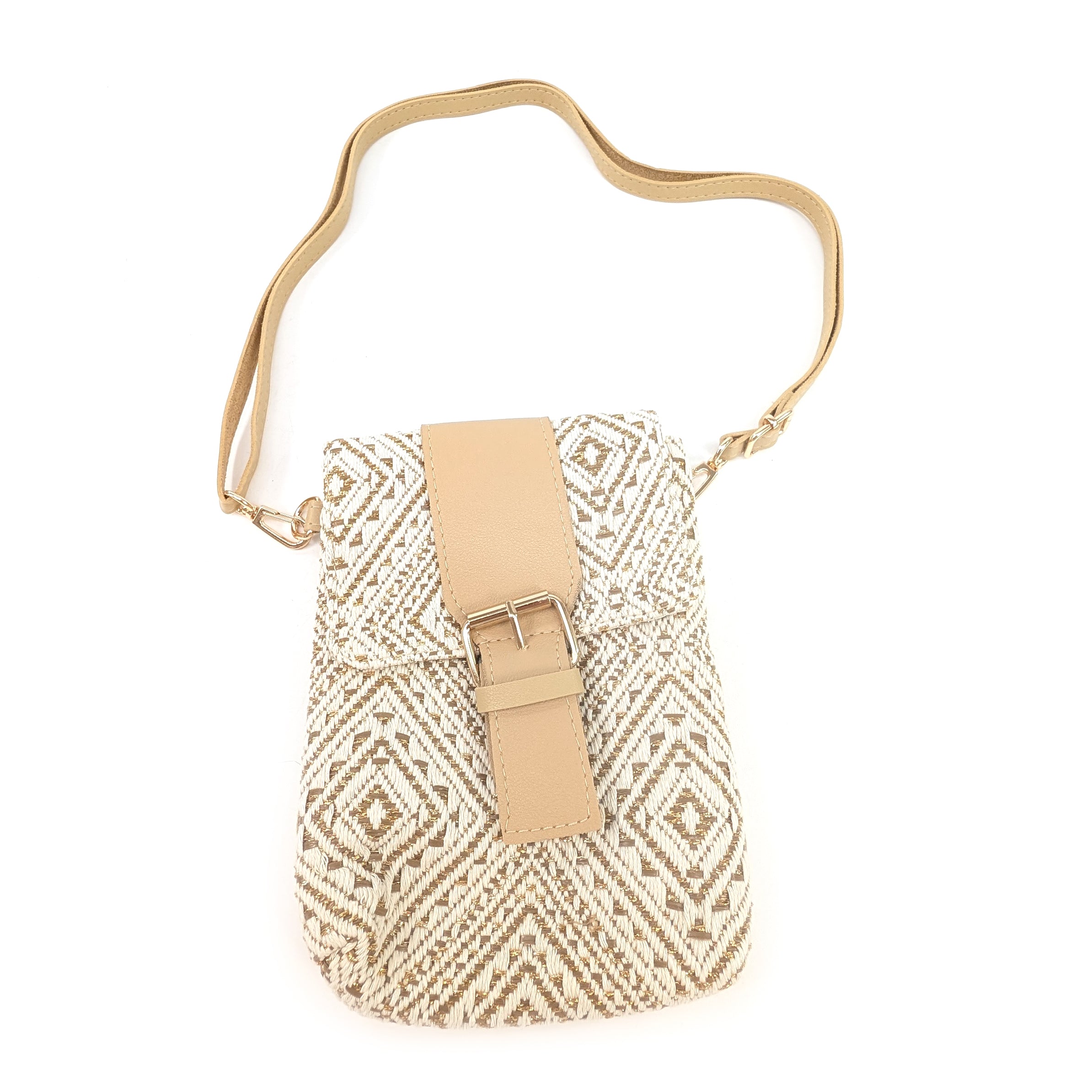 Aztec Buckle Crossbody Bag for Women - Stylish Golden Oatmeal Leather Purse with Adjustable Strap, Perfect for Travel, Shopping & Everyday Use
