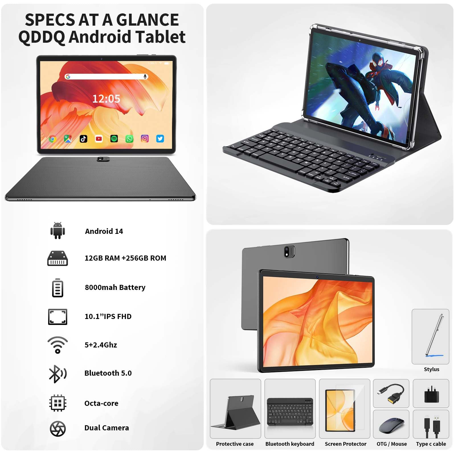 QDDQ Android 13 Tablet - 10 Inch 2-in-1 Tablet with Keyboard, 12GB RAM + 256GB Storage (Expandable to 1TB), Includes Case, Mouse & Stylus, 8000mAh Battery, Dual-Band WiFi (2.4G/5G), GPS - Perfect for Work, Study & Entertainment (Green)