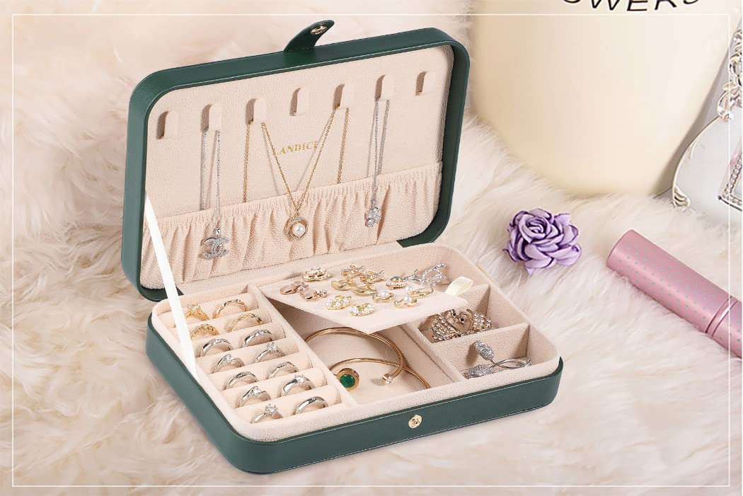 LANDICI Small Jewelry Box for Women & Girls - PU Leather Travel Jewelry Organizer Case with Storage Compartments for Rings, Earrings, Necklaces, Bracelets & Watches - Perfect Gift for Her, Birthday, Anniversary & Travel Accessories (Blackish Green)