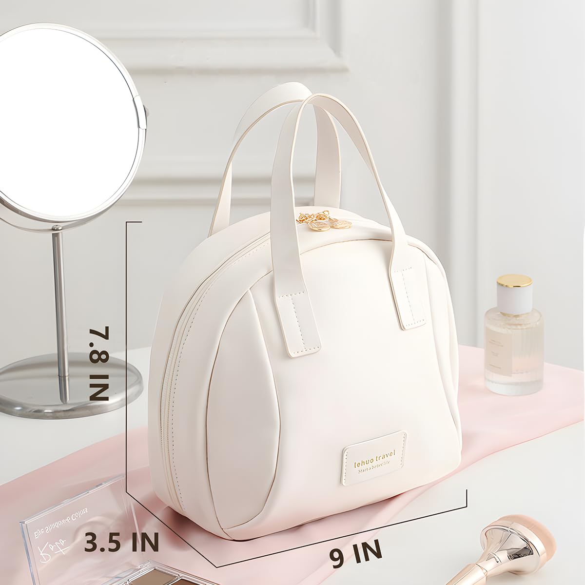 Large Capacity Waterproof Travel Makeup Bag for Women - Fashion Cosmetic Organizer with Brush Compartment, Portable Toiletry Storage Case (White) | Perfect for Air Travel, Gym Essentials & Daily Beauty Routine