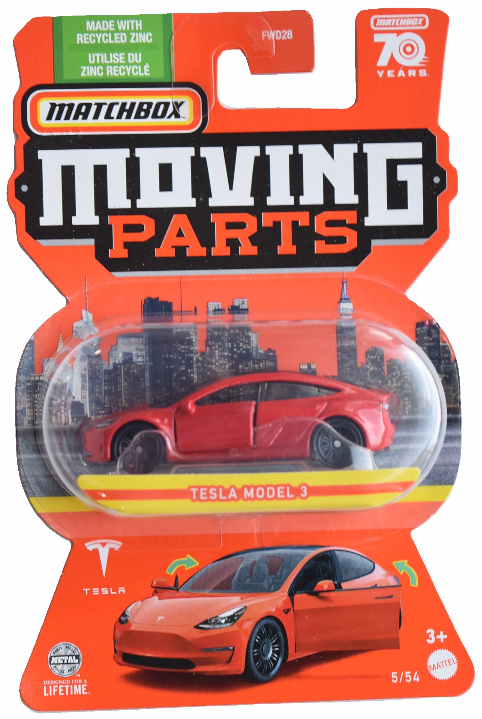 Matchbox Tesla Model 3 Die-Cast Car with Moving Parts - Red 1:64 Scale Model Toy for Kids & Collectors - Perfect for Playtime, Display & Gift Giving