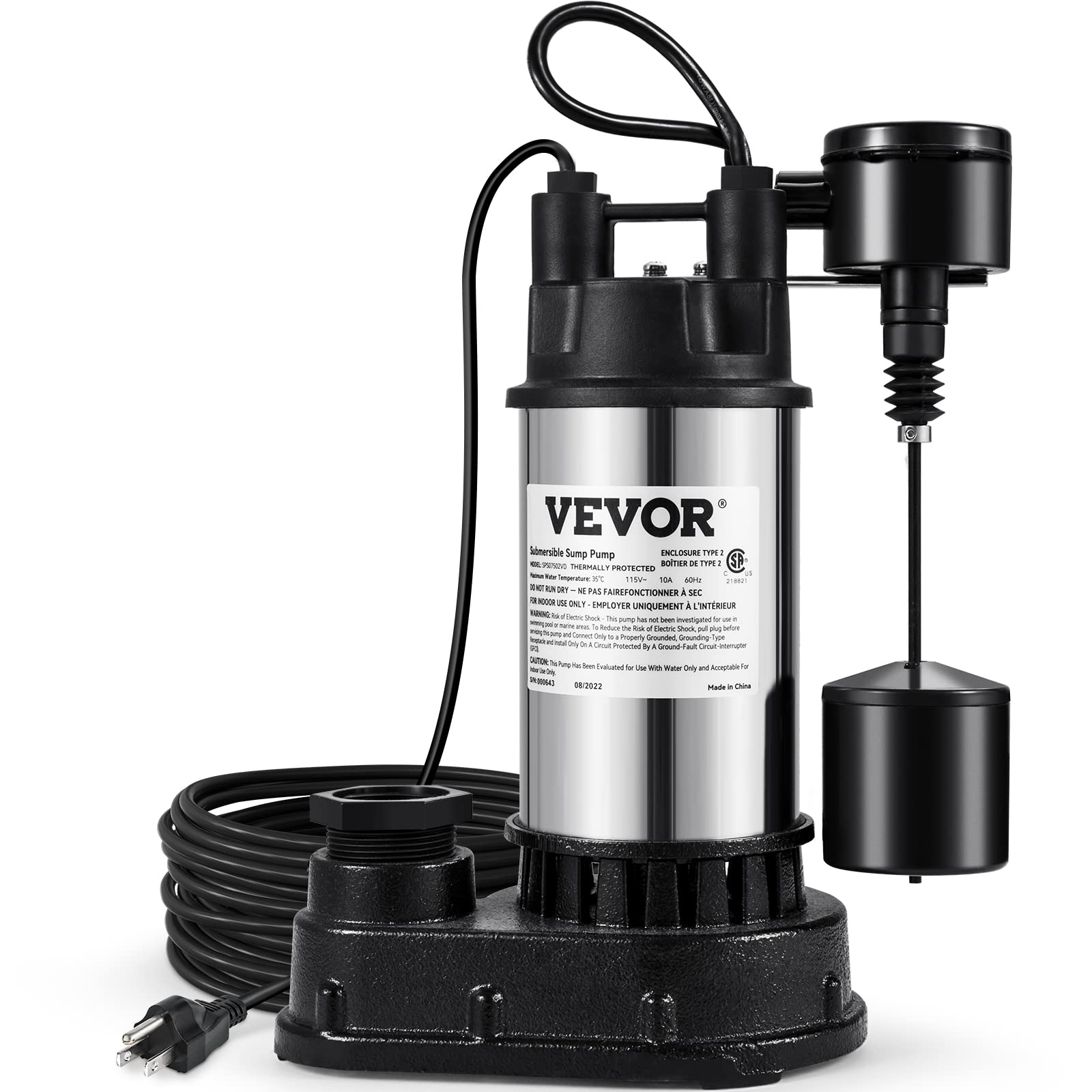 VEVOR 1.5 HP Submersible Sump Pump 6000 GPH - Cast Iron & Steel Construction with Vertical Float Switch - Heavy Duty Water Pump for Basement, Flooding Areas, Crawl Spaces & Emergency Water Removal