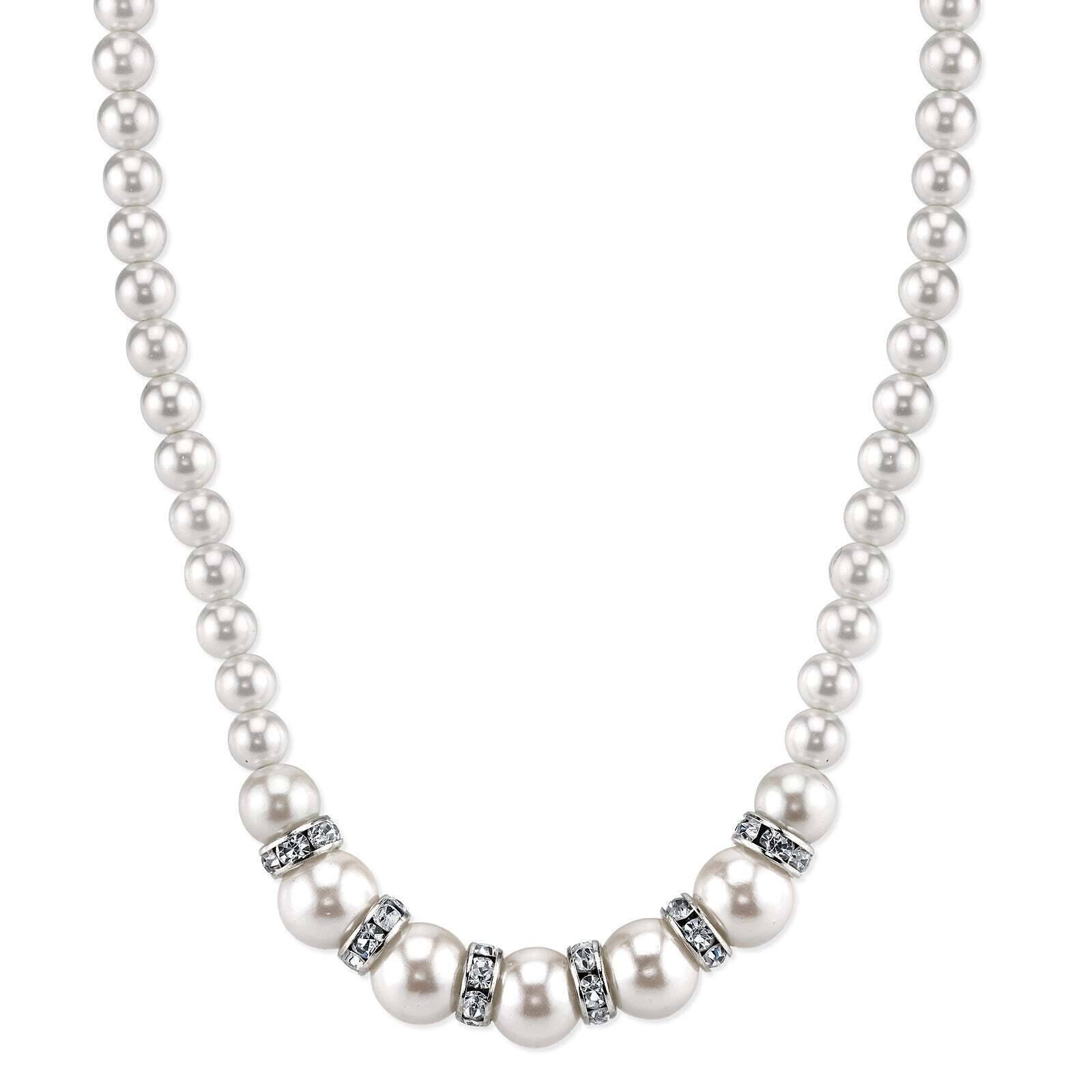 Elegant 1928 Bridal White Graduated Faux Pearl & Crystal Necklace with 15+3 Extender - Perfect for Weddings, Prom & Formal Events