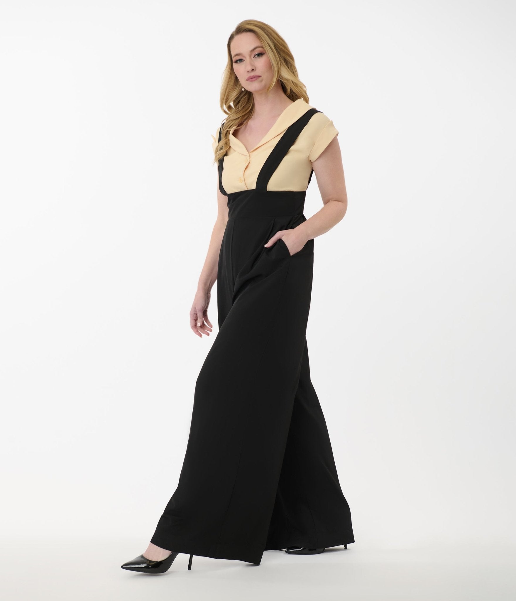 Unique Vintage Black Wide Leg Rochelle Suspender Pants for Women | Retro High Waist Trousers | 1940s Inspired Fashion | Perfect for Cosplay, Vintage Parties & Everyday Wear