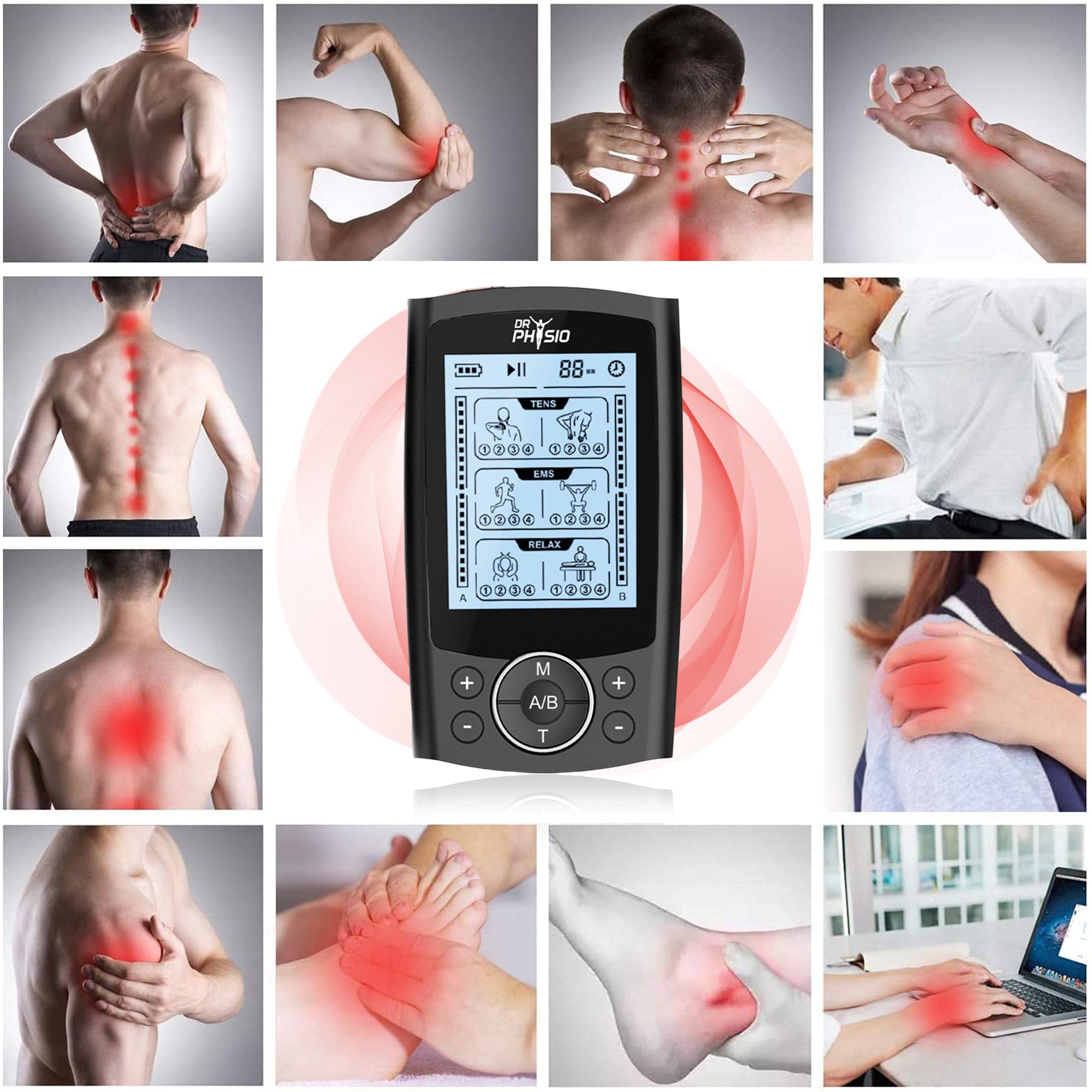 Dr Physio USA TENStar TENS EMS Massager Machine - Rechargeable Dual Channel Pulse Stimulator for Muscle Pain Relief & Relaxation | Portable Nerve Stimulation Device for Physical Therapy, Home & Gym Use