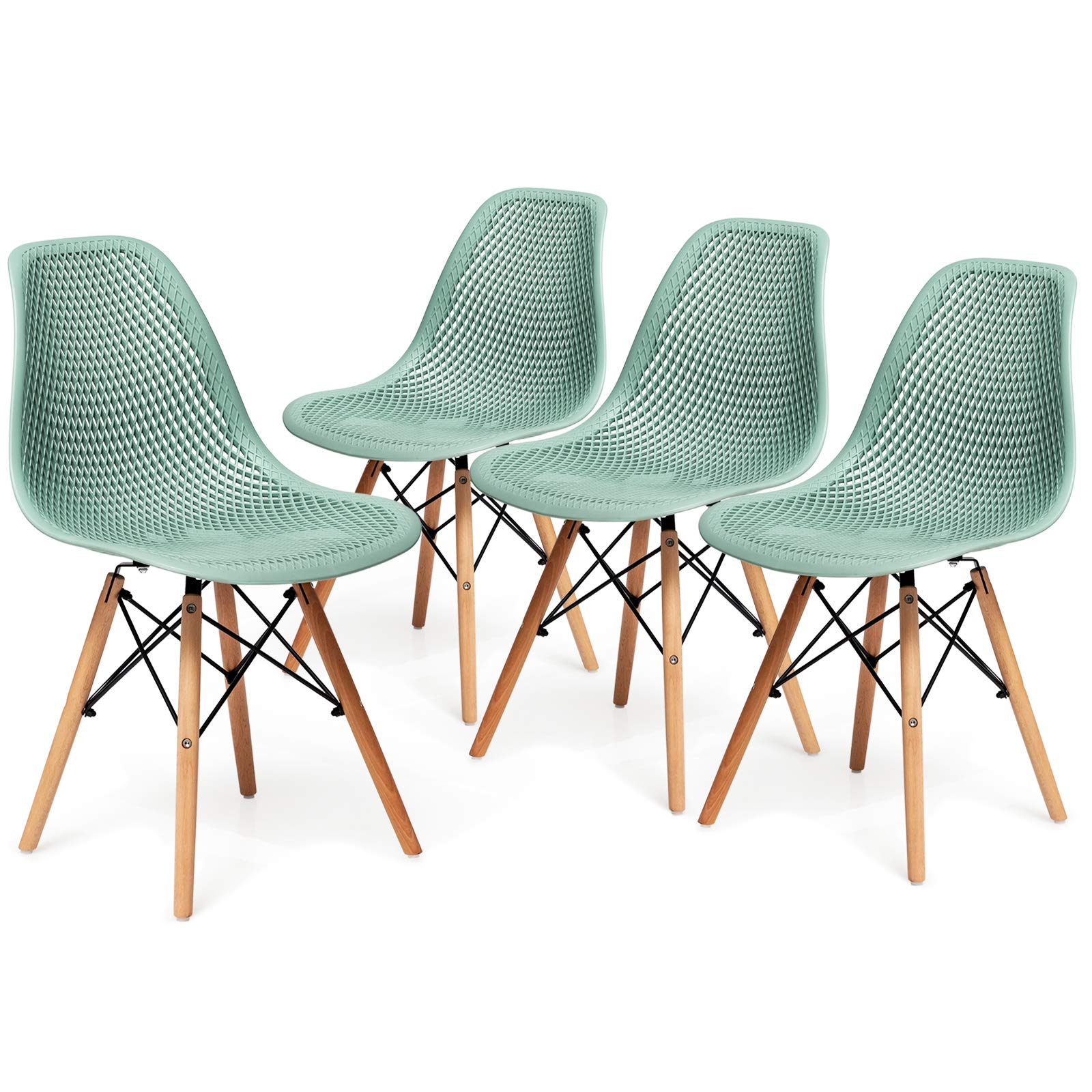 Giantex Set of 4 Modern Dining Chairs - Indoor/Outdoor Shell PP Lounge Side Chairs with Mesh Design & Beech Wood Legs - Tulip Leisure Chairs for Kitchen, Dining Room, Patio, Garden - Green