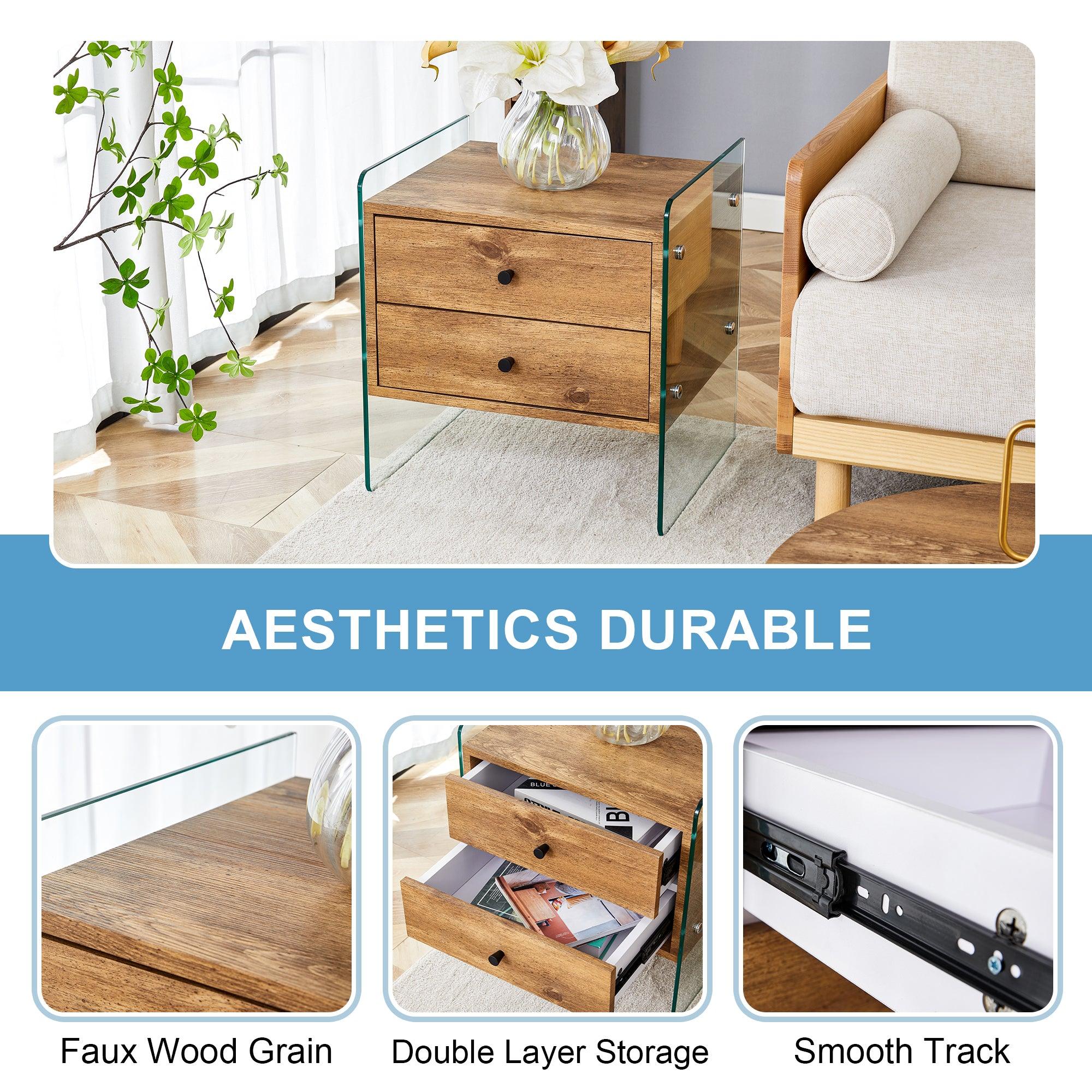 Modern Double Drawer Bedside Table with MDF Sticker Surface & Tempered Glass Sides - Elegant Design & Spacious Storage for Bedroom, Living Room, or Office