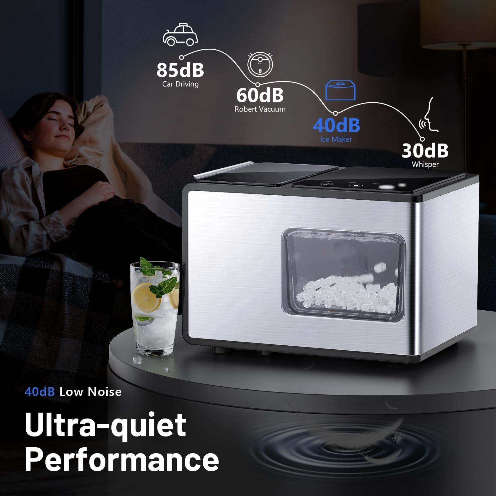 40lbs/24H Countertop Nugget Ice Maker with Soft Chewable Pebble Ice - Self-Cleaning Sonic Ice Machine in Stainless Steel with Touch Screen - Compact Design for Home, Office, Bar & Party Use - Perfect for Cocktails, Beverages & Entertainment (Silver)