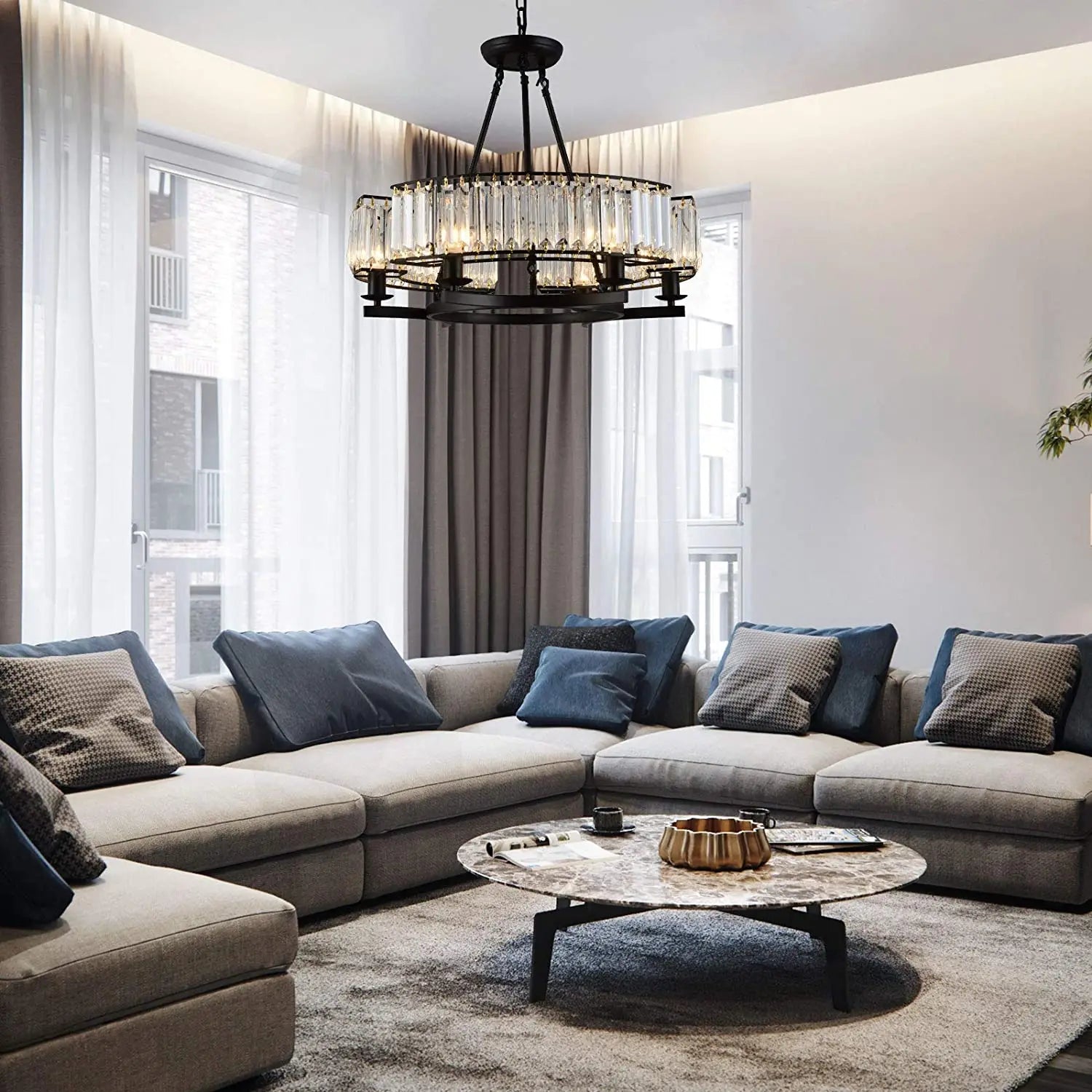 6-Light Round Black Crystal Chandelier - Modern Ceiling Light Fixture with Clear Glass Pendants for Dining Room, Living Room, Bedroom, and Entryway Lighting