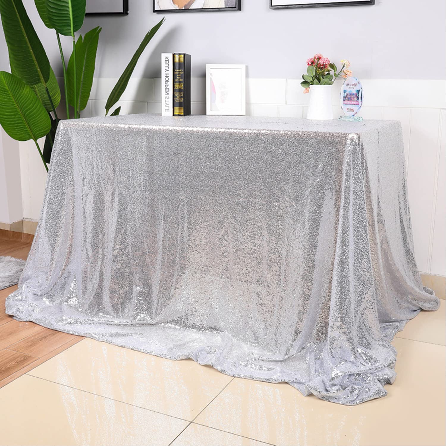 Silver Sequin Tablecloth 90x132 Inches - Glitter Party Table Cover for Weddings, Birthdays, Baby Showers & Christmas Decor | Rectangular Sequin Table Overlay for Reception, Bridal Shower & Holiday Celebrations