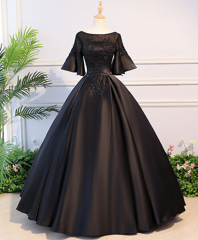 Elegant Black Round Neck Satin Lace Long Prom Dress for Sweet 16 Party, Homecoming, Formal Events & Special Occasions