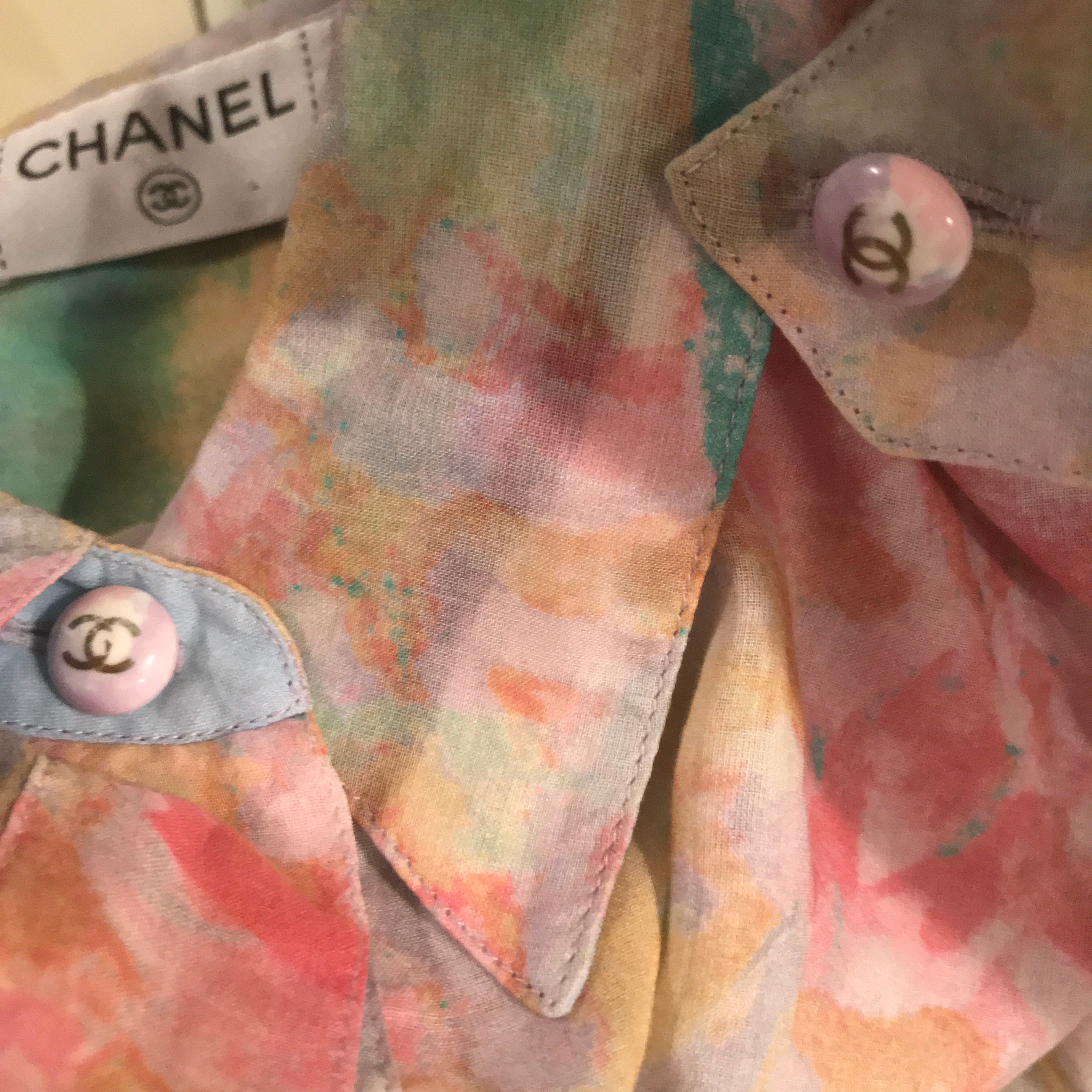 Chanel 2011 Resort Cruise Pastel Cotton Sheer Blouse for Women & Men's Shirt Size FR 44 US 12/14 - Perfect for Casual Wear, Beach Outfits, and Resort Vacations