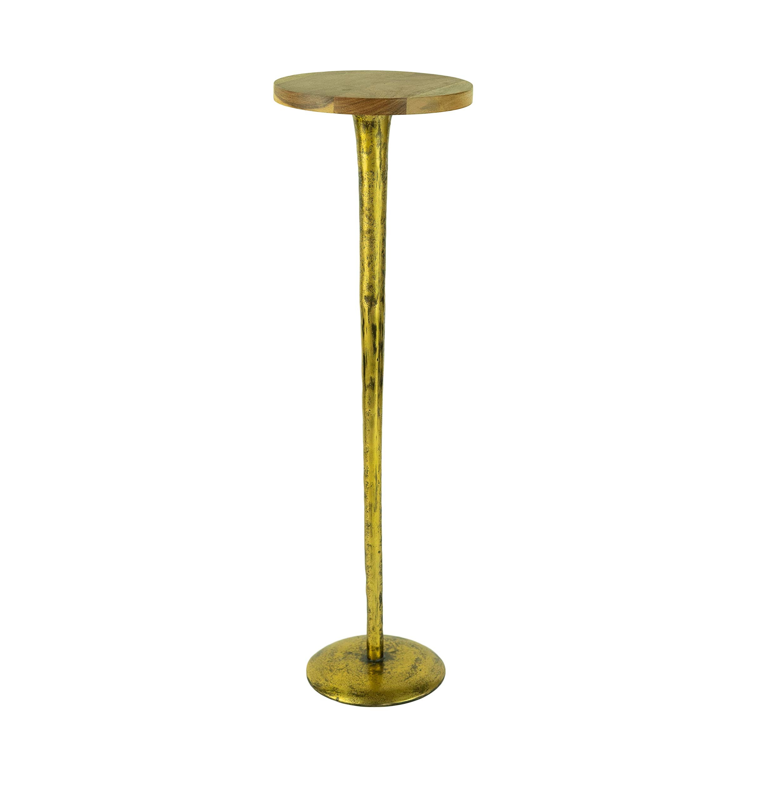 Vintage Brass Metal Accent Table with Modern Wood Top - Slim Drink Stand Cocktail Table for Living Room, Bedroom & Patio | MY SWANKY HOME