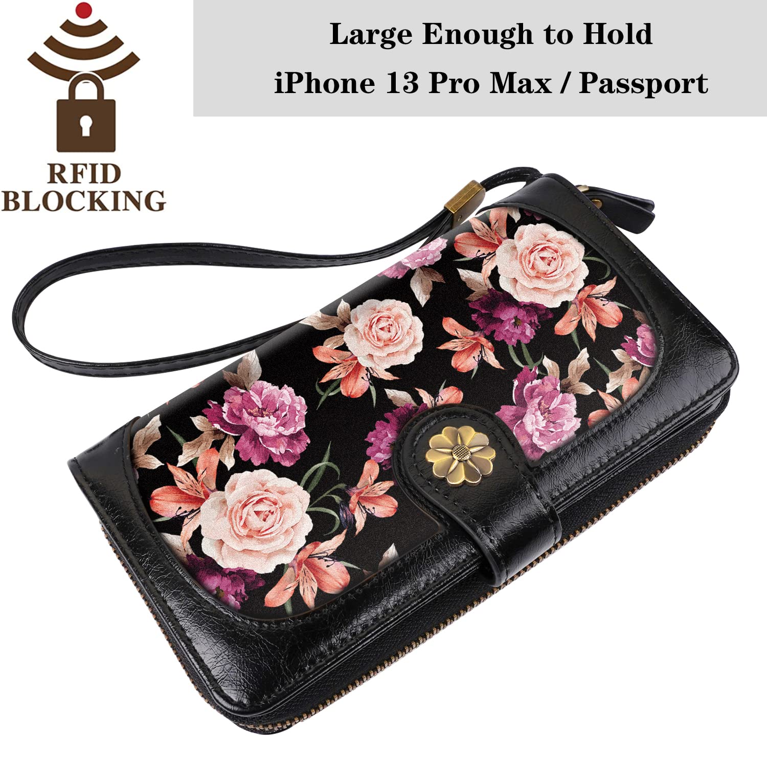 Women's RFID Blocking Leather Wallet with Multi Card Slots & Wrist Strap - Slim Clutch Purse Organizer for Credit Cards, Cash & ID - Perfect for Travel, Shopping & Everyday Use