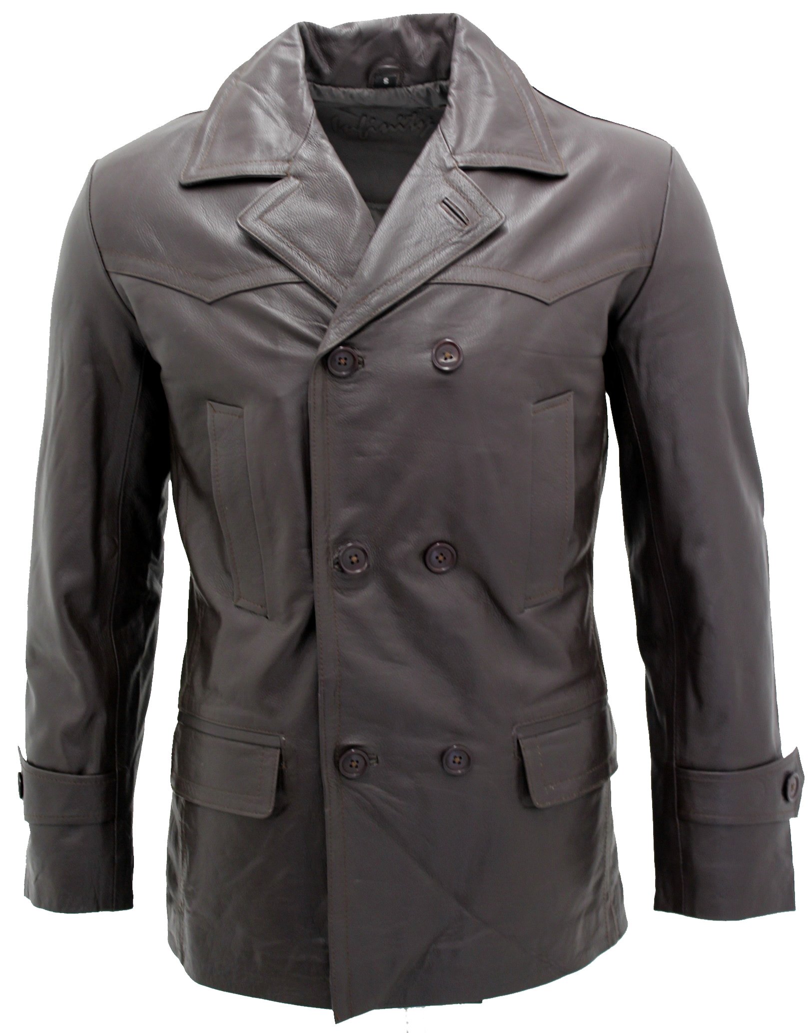Men's Brown German Navy-Inspired Dr. Who Cowhide Leather Pea Coat - Warm Winter Jacket for Outdoor Activities & Cosplay