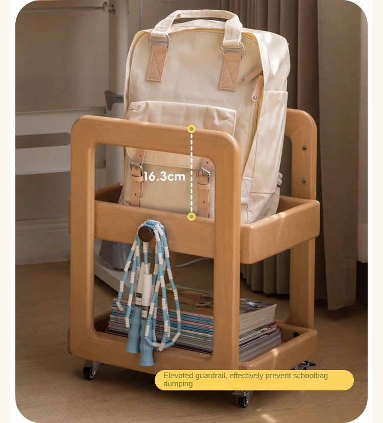 Solid Wood Beech & Rubber Kids Under Desk Mobile Storage Rack - Modern Organizer for Toys, Books & School Supplies in Bedroom or Playroom