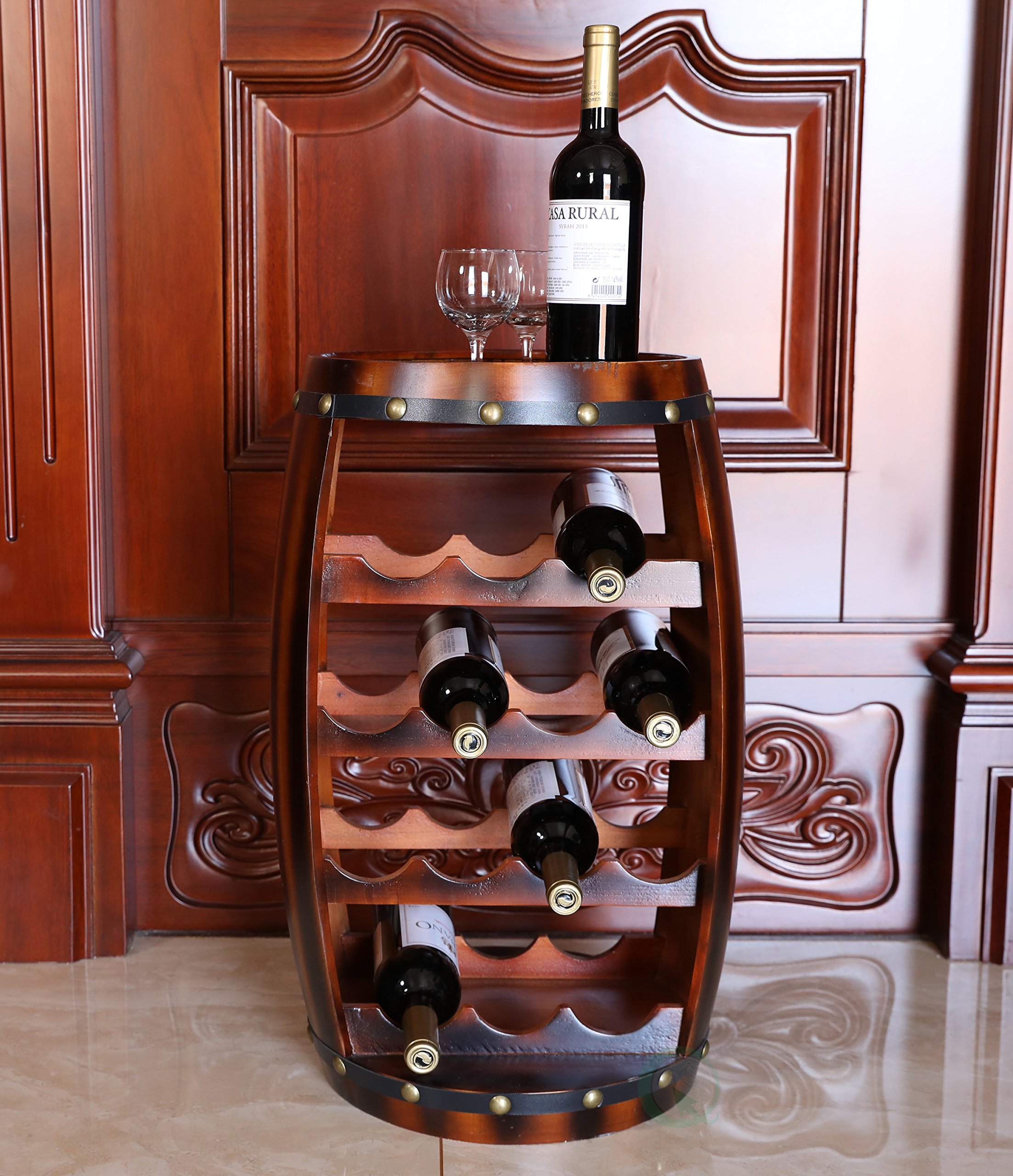 Wooden Barrel-Shaped 14 Bottle Wine Rack - Rustic Home Bar Decor for Kitchen, Dining Room & Cellar Storage