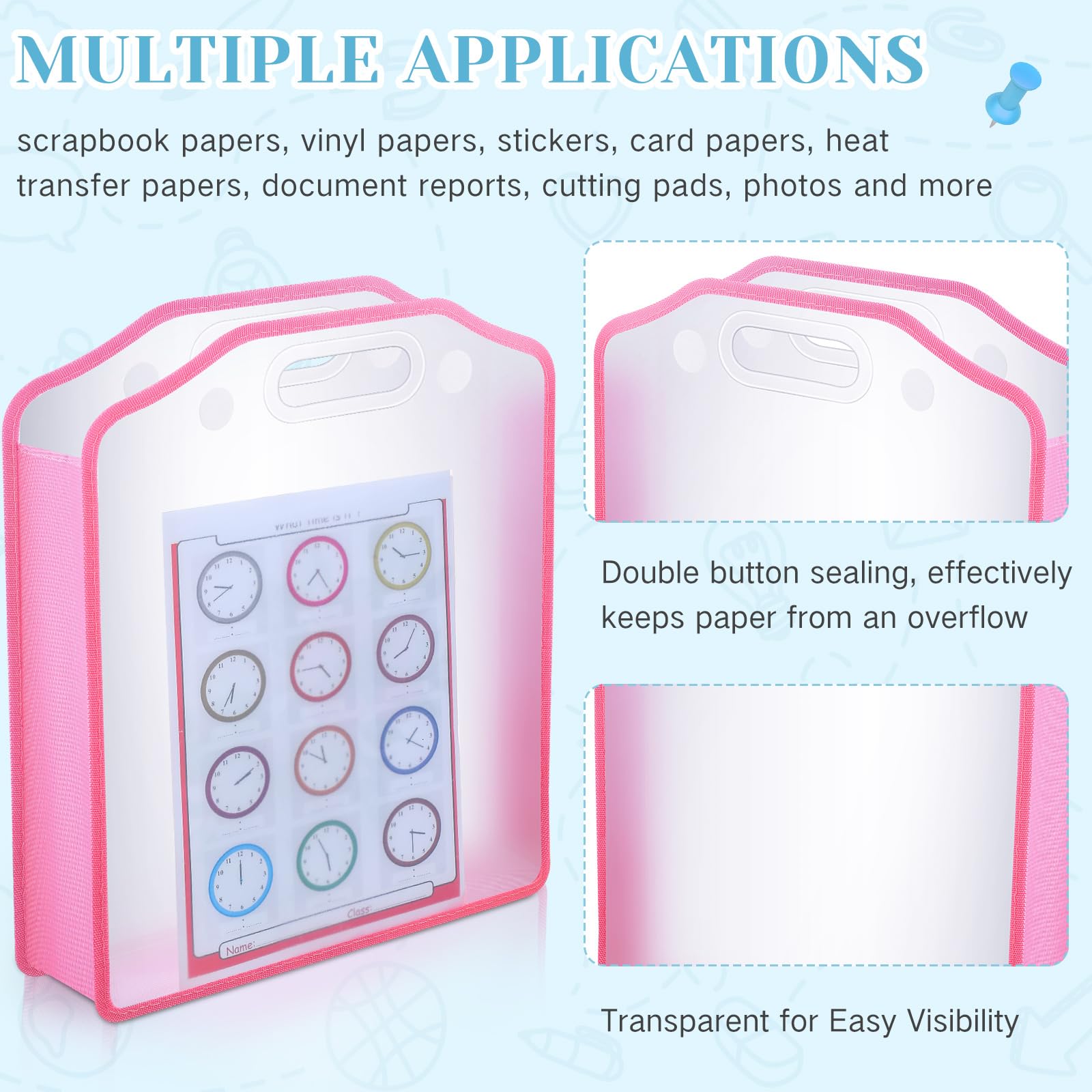 PerKoop 6-Pack 12x12 Inch Scrapbook Paper Organizer - Clear Expandable Craft Storage with Handle & Button Closure for Scrapbooking, Card Making, Art Supplies (Pink) - Perfect for Home, Office & Craft Room Organization