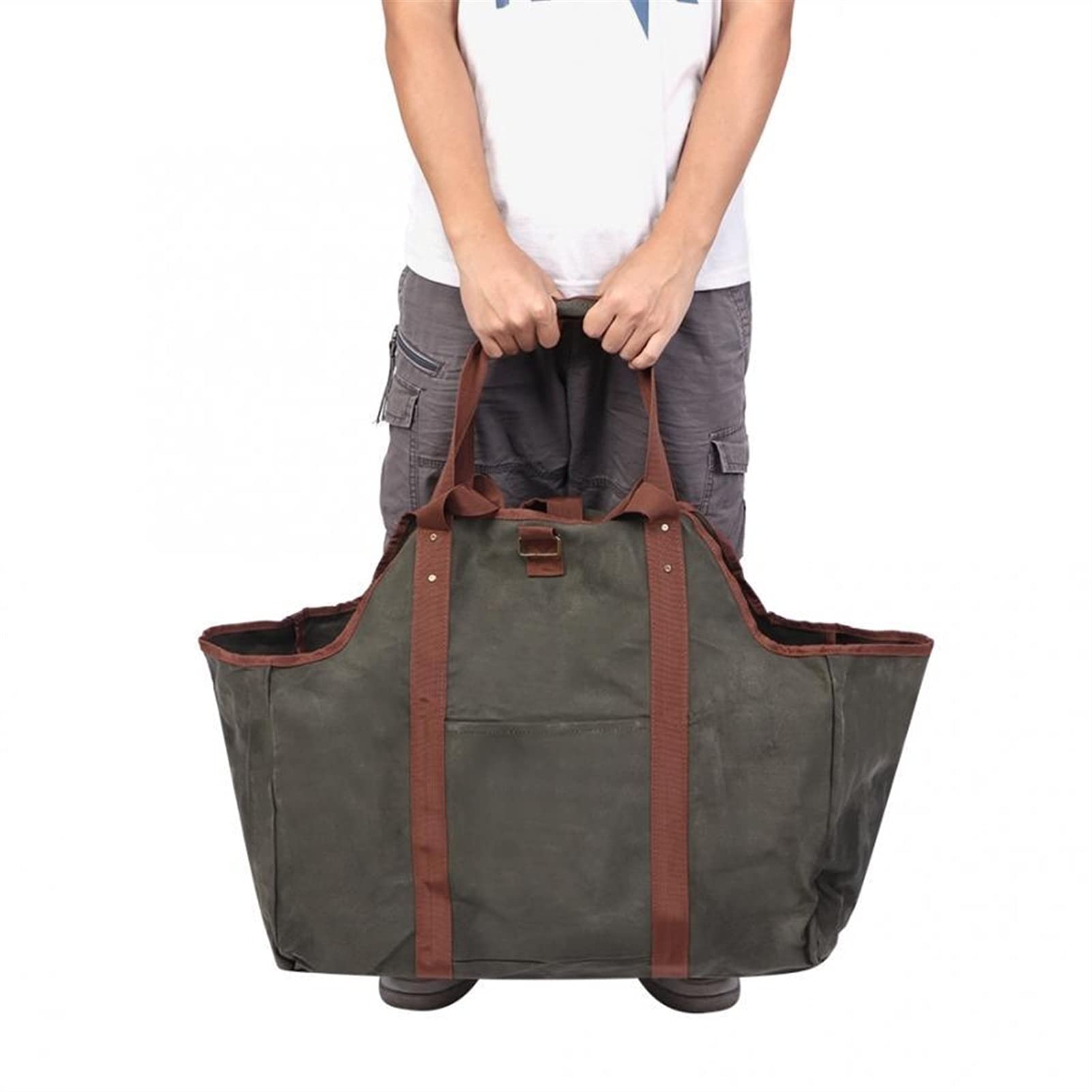Premium Waxed Canvas Firewood Carrier - Large Thickened Portable Log Tote Bag for Camping, Hiking & Outdoor Firewood Storage (Gray) - Perfect for Backyard BBQs, Fire Pits & Wood Stove Use