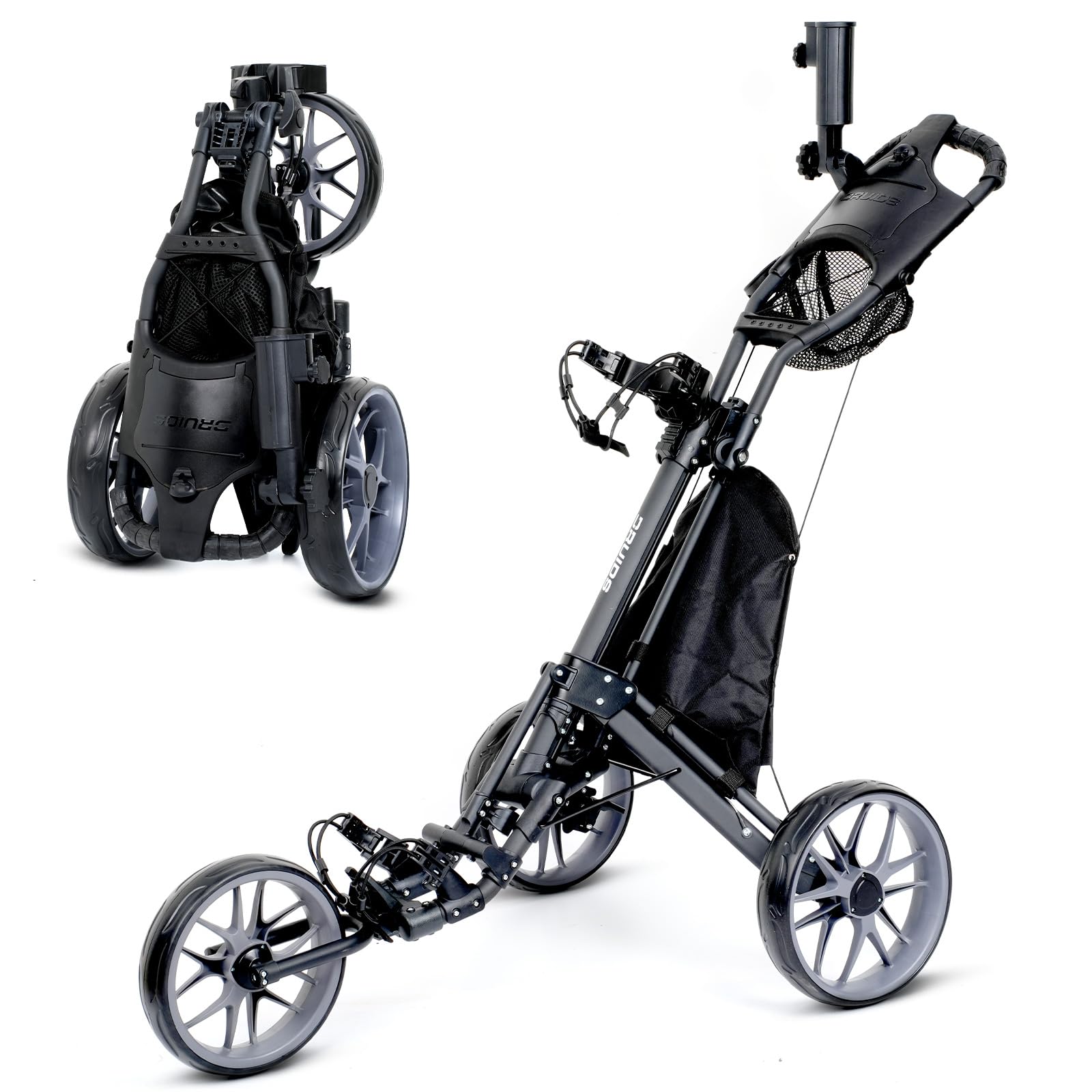 DRUIDS 3 Wheel Golf Push Cart - Lightweight Compact Folding Golf Trolley with Cooler, Brake & Cup/Umbrella Holder | Manual Pull Caddy for Walking Golfers | Perfect for Golf Courses, Driving Ranges & Outdoor Practice