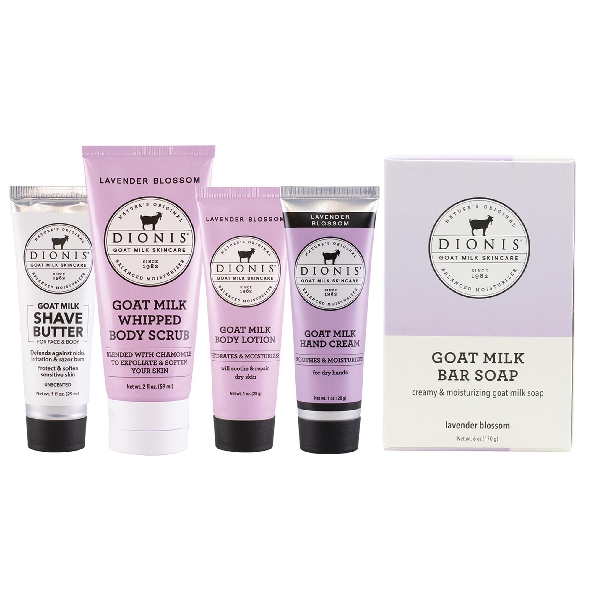 Dionis Goat Milk Skincare Deodorant Stick & Lavender Blossom Travel Set - 6pc Natural Self Care Essentials for Women & Men | Perfect for Travel, Gym & Daily Use