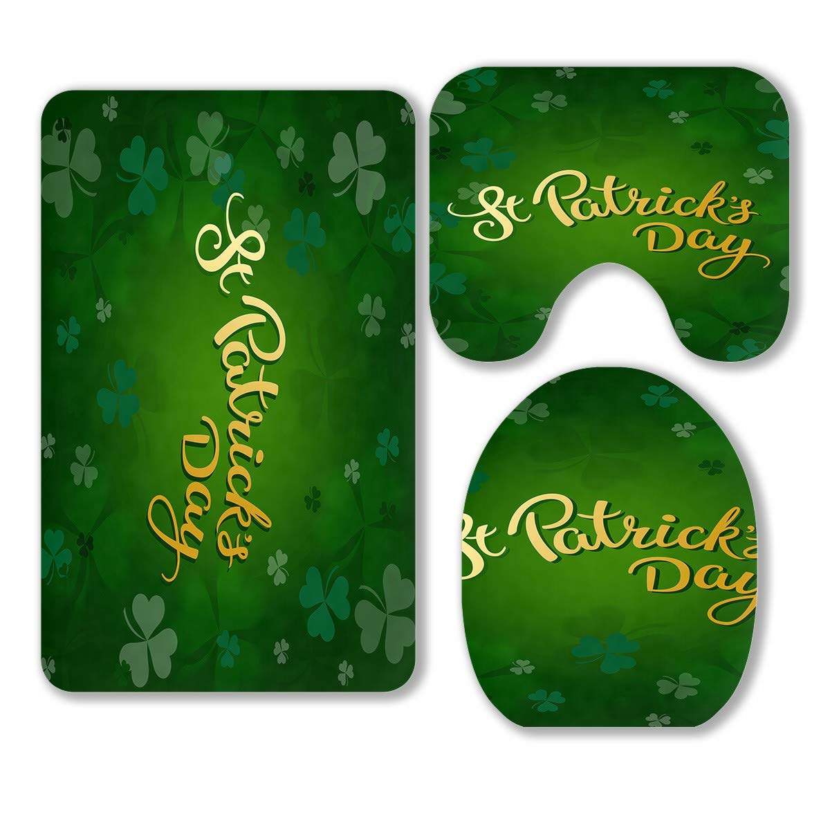 ABPHQTO St. Patrick's Day 3-Piece Bathroom Rug Set - Green Clover Design Non-Slip Bath Mat, Contour Mat & Toilet Lid Cover for Holiday Decor | Perfect for Irish-Themed Bathrooms, Guest Rooms & Seasonal Home Decor