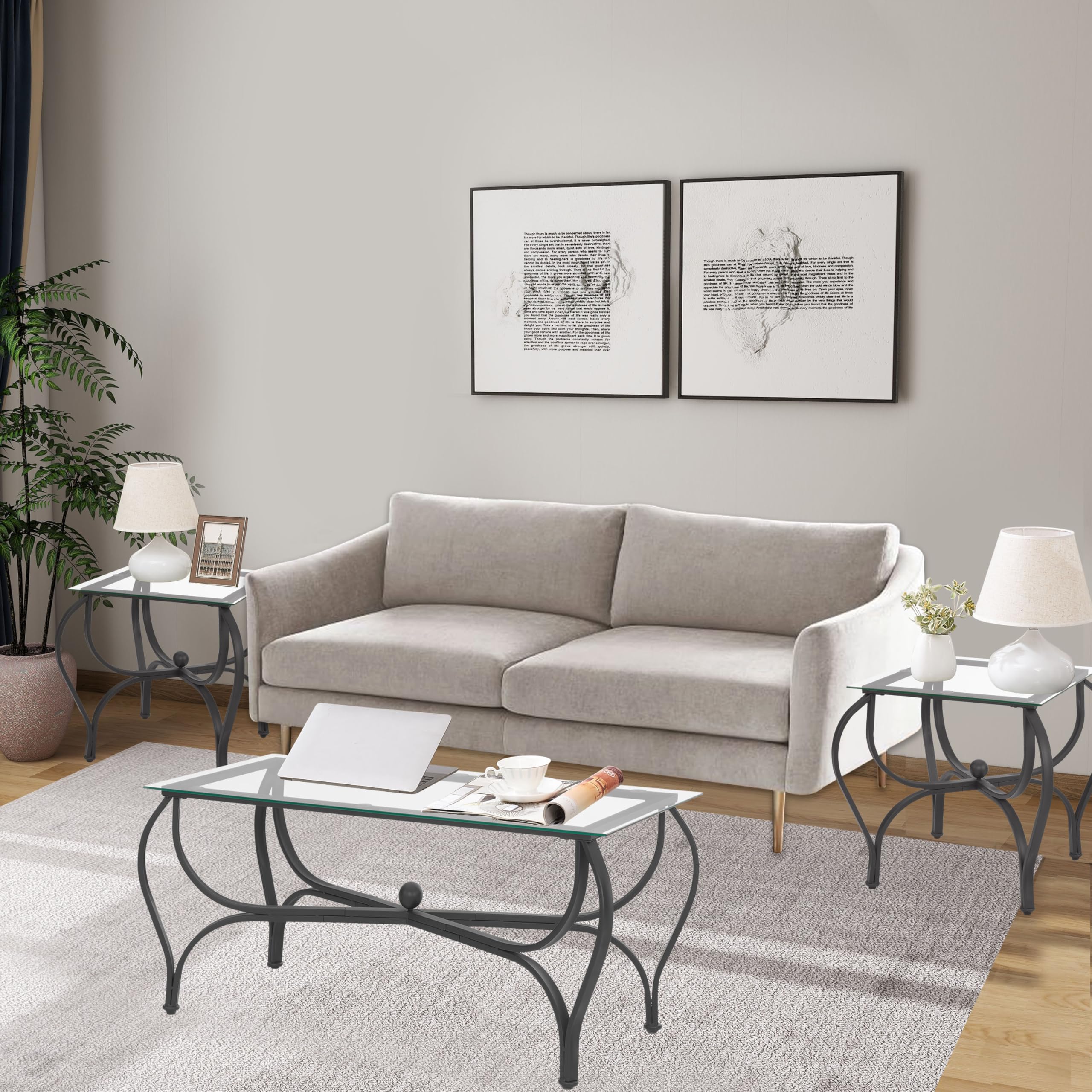 3-Piece Coffee Table Set with Tempered Glass Top & Metal Frame - Modern Living Room Furniture Set Includes Coffee Table & 2 End Tables - Perfect for Home, Office & Lounge Areas