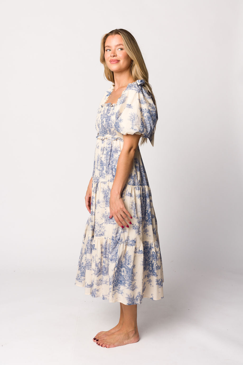 Elena 100% Cotton Toile Print Smocked Midi Dress in Blue - Bump Friendly Maternity Dress for Pregnancy, Nursing & Postpartum | Perfect for Baby Showers, Brunch Dates & Summer Outings
