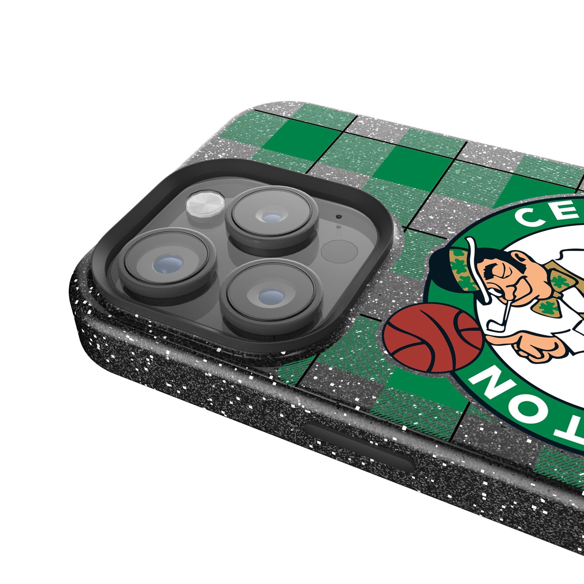 Boston Celtics Plaid Bling Phone Case for iPhone 15/14/13/12 Pro Max - Glitter Rhinestone Celtics Team Logo Design - Perfect for Basketball Games & Celtics Fans