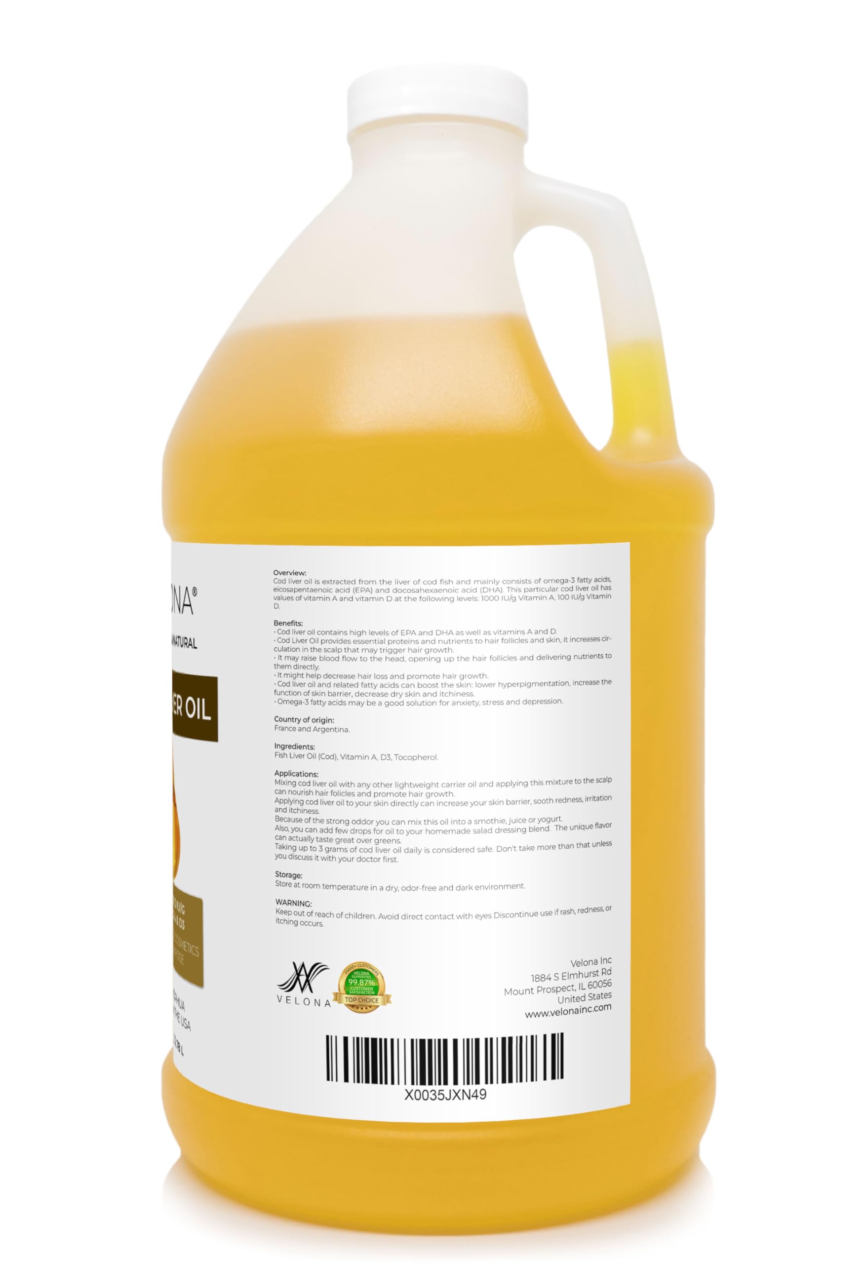 Velona Cod Liver Oil - 1 Gallon (128 Fl Oz) | High Potency Omega 3 with 1,000A/100D IU/g Vitamins A & D3 | Sustainably Sourced Norwegian Arctic Nordic Oil | Supports Hair, Skin & Joint Health | Perfect for Daily Wellness & Immune Support