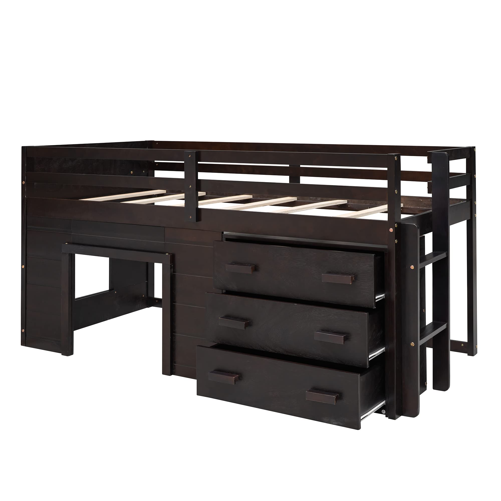 Harper & Bright Designs Wooden Twin Loft Bed with Storage Drawers, Cabinet & Bedside Tray - Kids Low Loft Bed for Boys & Girls (Twin, Espresso) - Perfect for Small Bedrooms, Dorm Rooms & Space-Saving Kids' Rooms