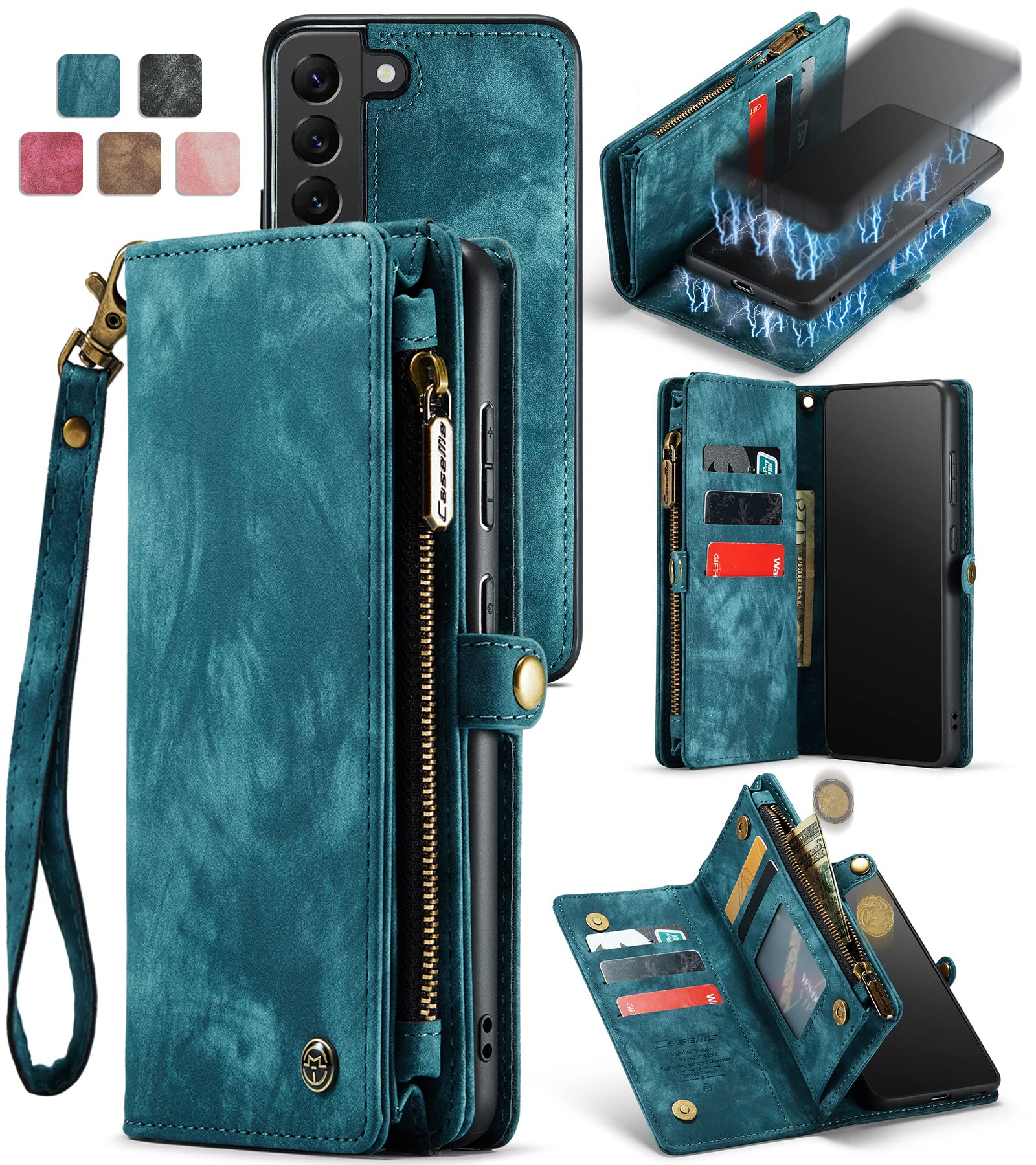 Genuine Leather Magnetic Wallet Case for Samsung Galaxy S21 (2021) - Detachable Cover with RFID Blocking, Card Slots & Zipper Purse | Perfect for Business, Travel & Everyday Protection (Blue)