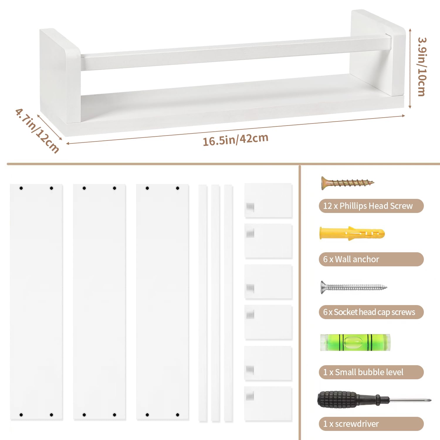 3-Piece White Nursery Book Shelves Set - 16.5 Inch Wall-Mounted Kids Bookshelf for Baby Bedroom, Playroom & Toy Storage | Perfect for Nursery Decor, Children's Book Organization & Montessori Learning Spaces