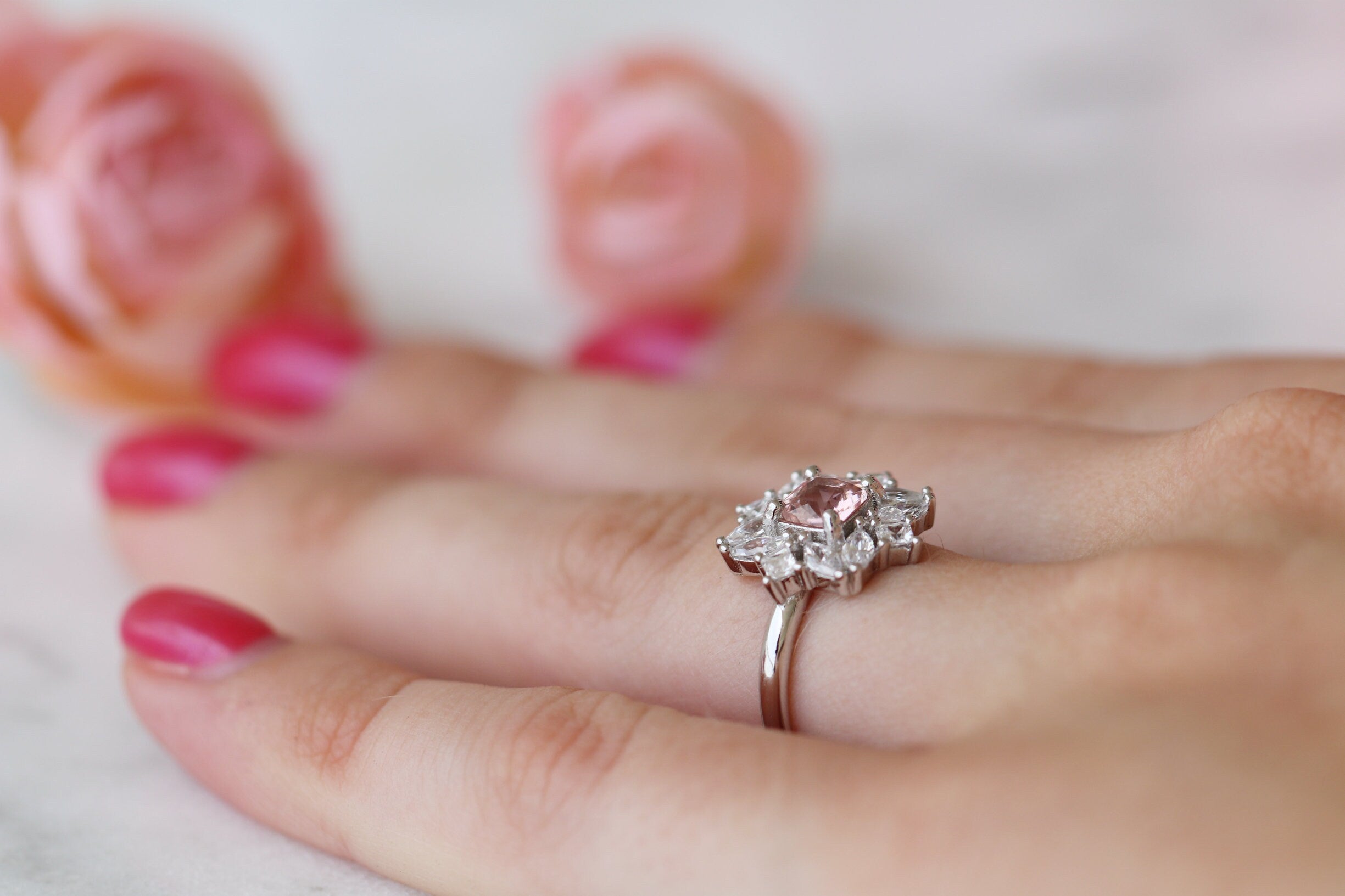 Magnolia Morganite Ring - Sterling Silver Rose Gold Plated, Dainty Floral Engagement Ring for Women, Perfect for Wedding, Anniversary & Valentine's Day Gifts